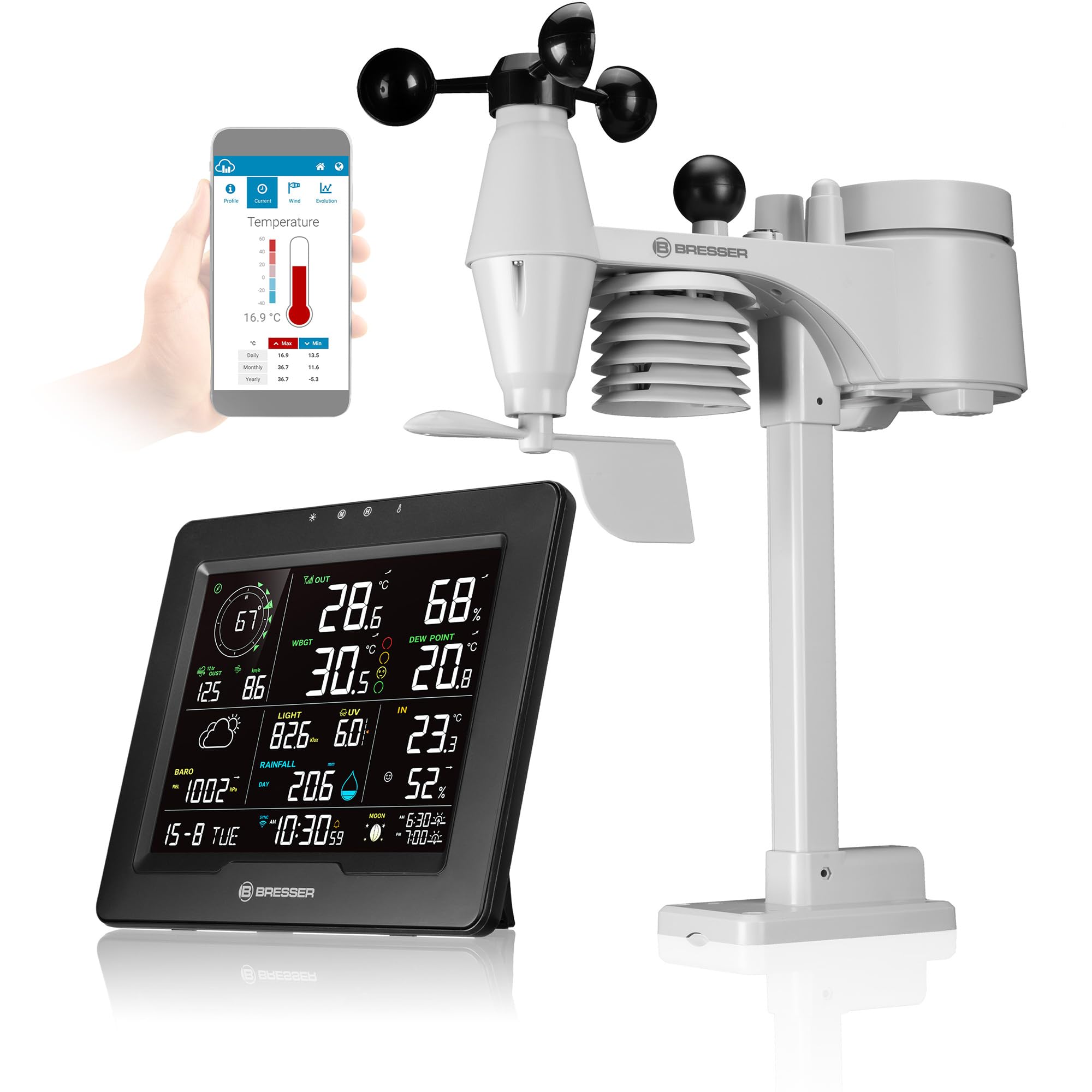 ایستگاه هواشناسی وای‌فای ۸ کاره Bresser با حسگر فضای باز، شاخص استرس گرمایی WBGT، اشعه ماوراء بنفش، باران، باد، نور، وای‌فای، کنترل برنامه، دمای داخل ساختمان، ساعت زنگ‌دار، هشدار یخ‌زدگی، مشکی