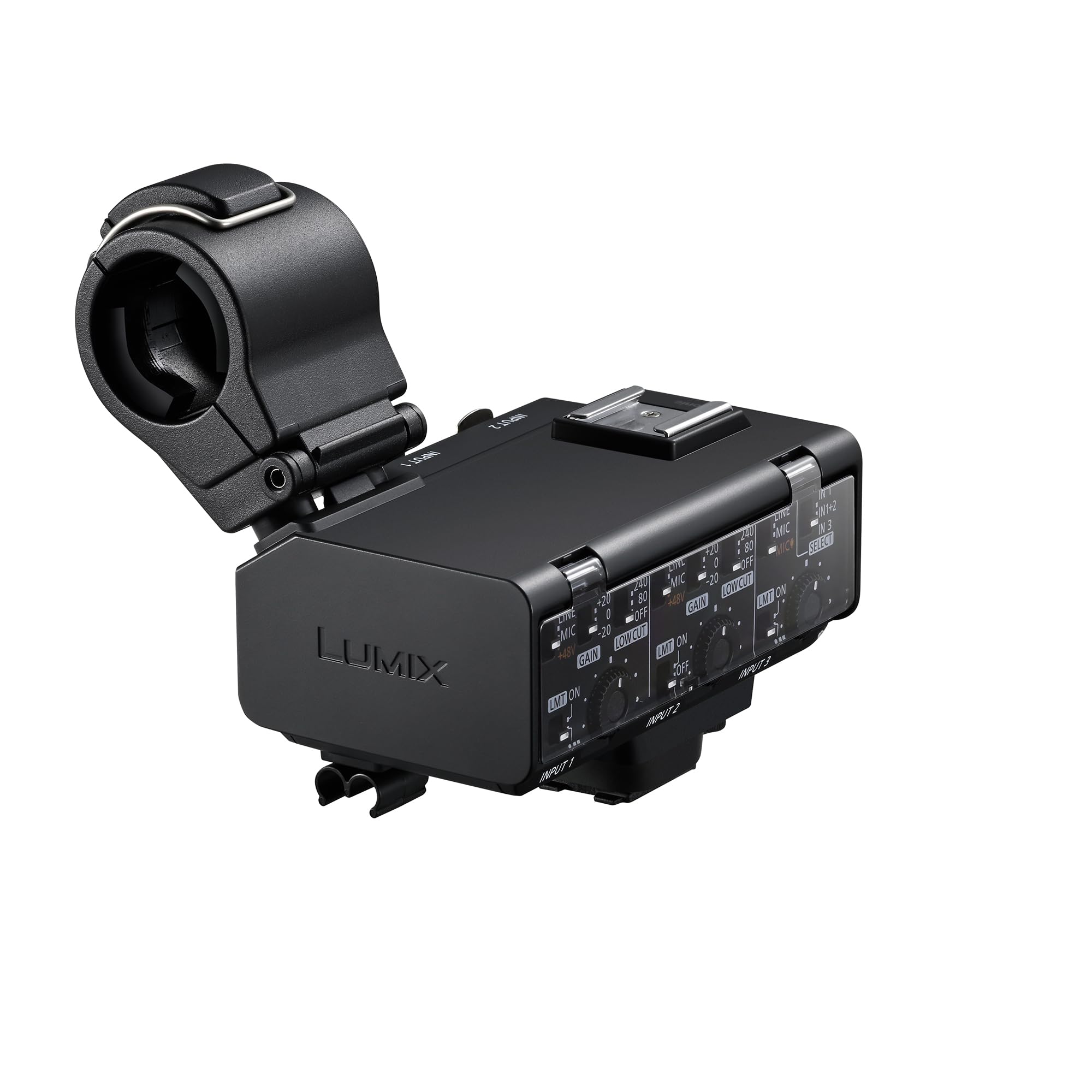 آداپتور میکروفون Panasonic Lumix DMW-XLR2 XLR برای Panasonic Lumix DC-GH7، ضبط شناور 32 بیتی، صدای 4 کاناله و با وضوح بالا، نگهدارنده میکروفون، جک مینی استریو 3.5 میلی‌متری. مشکی