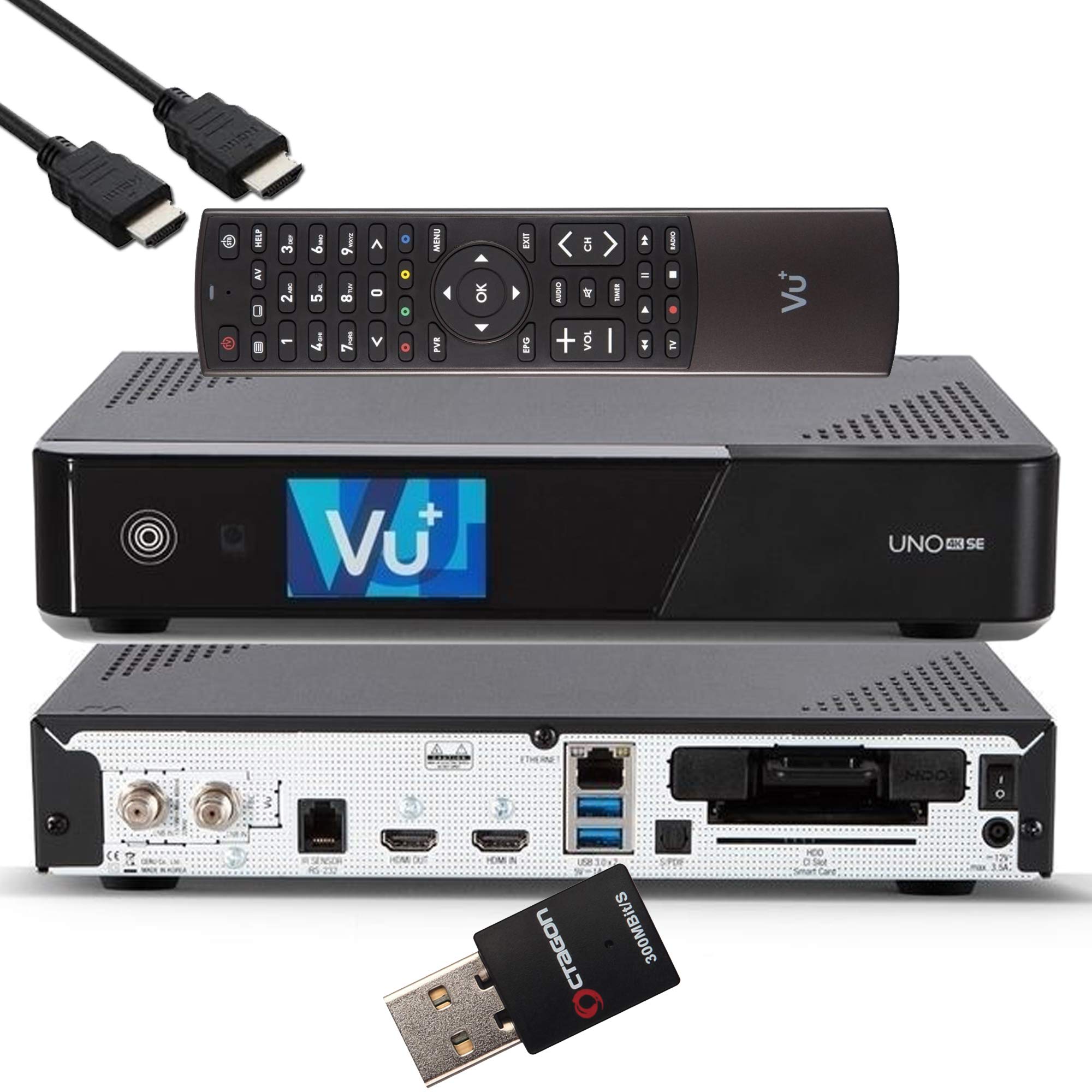 VU+ UNO 4K SE - UHD HDR 1x DVB-S2 FBC Sat Twin Tuner E2 Linux Receiver, YouTube, Satellite Hard Drive Receiver, CI + Card Reader, Media Player, USB 3.0, + کابل HDMI EasyMouse و WiFi Stick 300 Mbit Uno 4K + WiFi 300