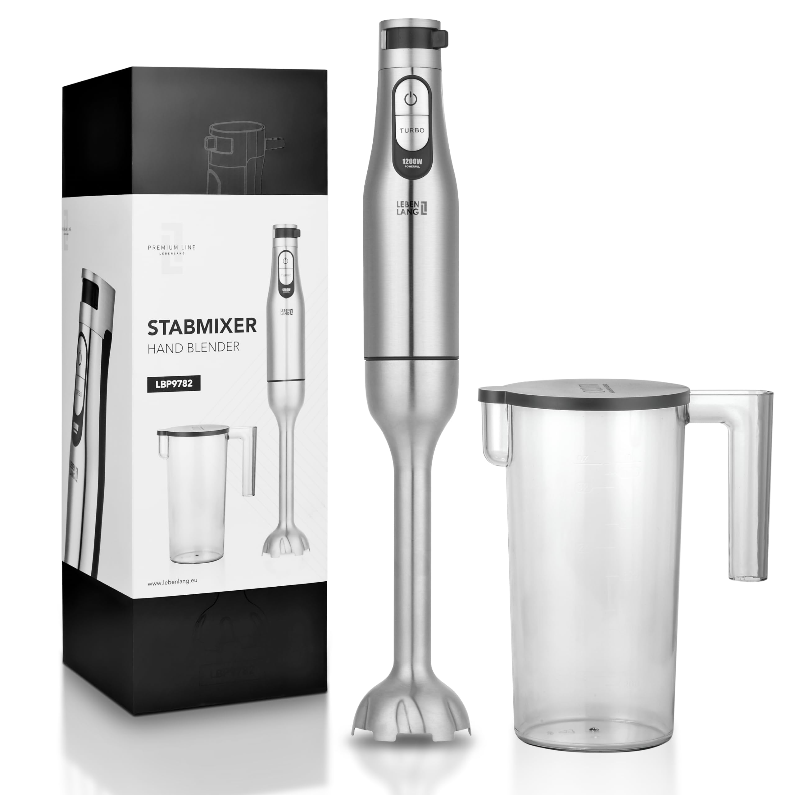 گوشت کوب برقی لبن لانگ آلمان LIFETIME Premium 1200W Hand Blender Steel Stainless - شامل. پیمانه اندازه گیری 1000 میلی لیتری و گارد اسپلش I به طور مداوم قابل تنظیم و مخلوط کن دستی برقی توربو I از جنس استیل ضد زنگ جادویی مخلوط کن میکس کننده استیک پوره کننده دستی
