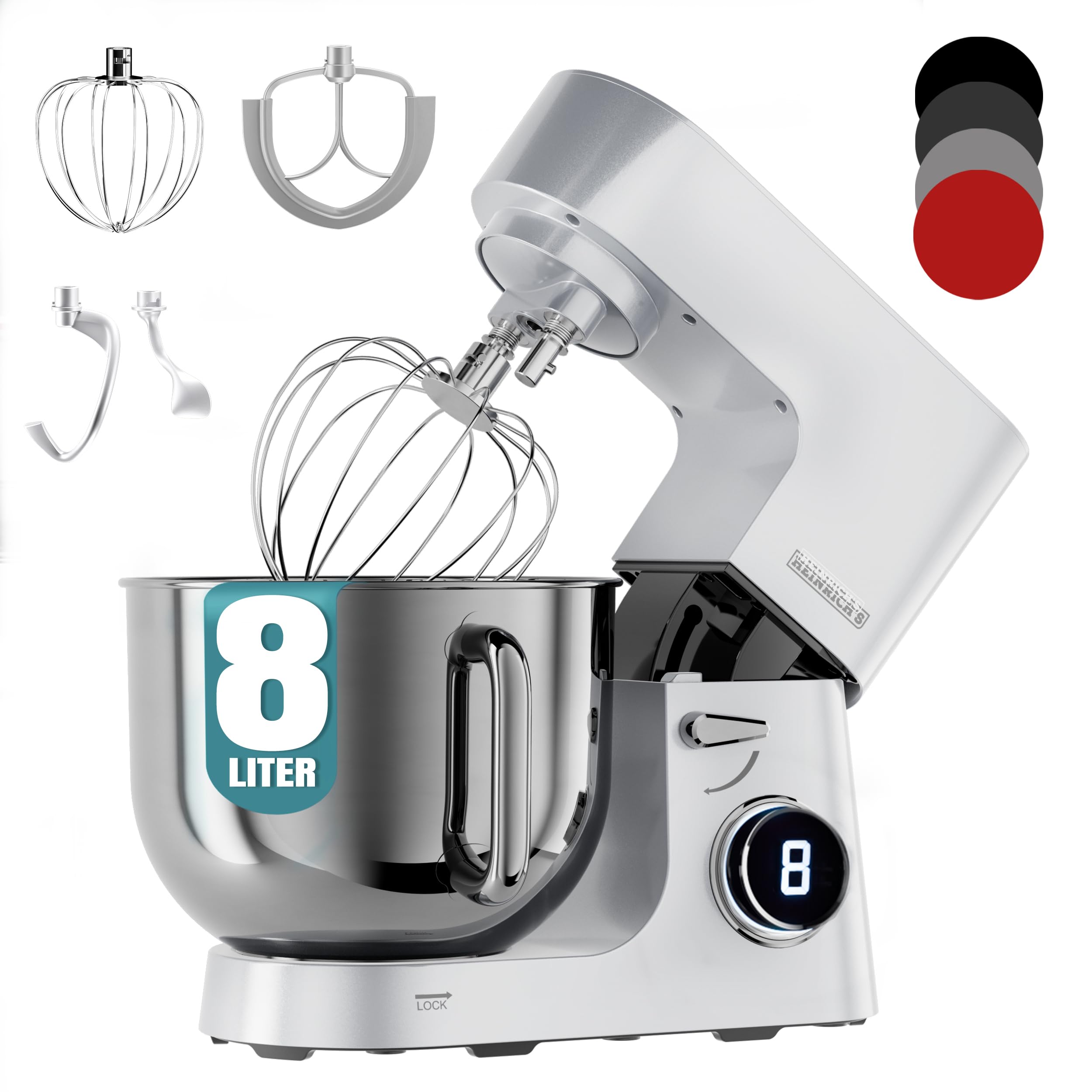 ماشین آشپزخانه هاینریش آلمان Heinrich´s HKM 8080 دستگاه خمیرزن ۲۵۰۰ وات همزن ۸ سرعت قابل تنظیم XXL 8L