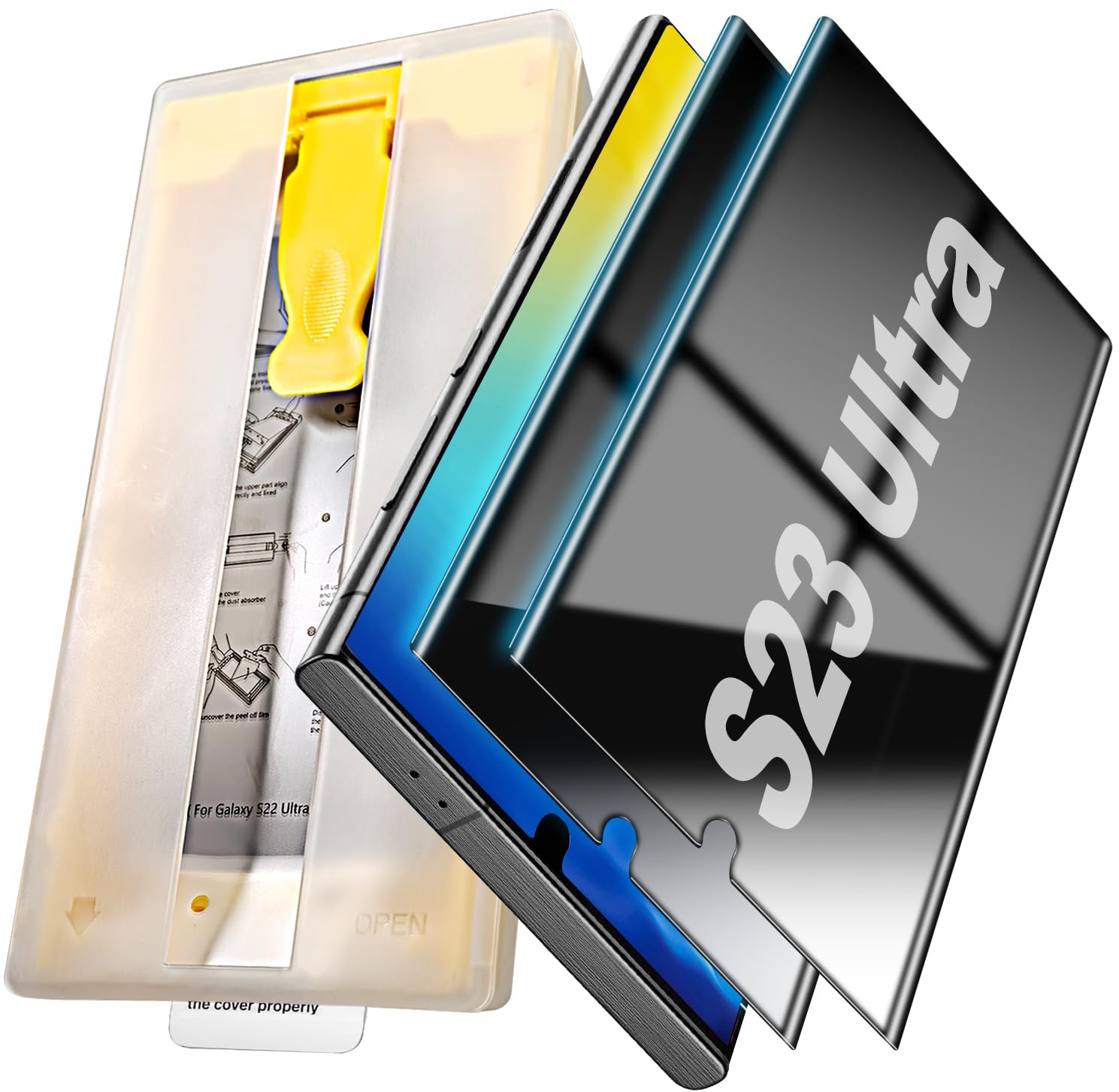 محافظ صفحه نمایش 4 در 1 برای سامسونگ گلکسی S23 اولترا، بسته 2 عددی فیلم محافظ هیدروژل 10D + کیت برچسب فیلم گوشی + قاب، نصب آسان، نصب بدون حباب، پشتیبانی از حسگر اثر انگشت، محافظ صفحه نمایش حریم خصوصی برای گلکسی S23 اولترا