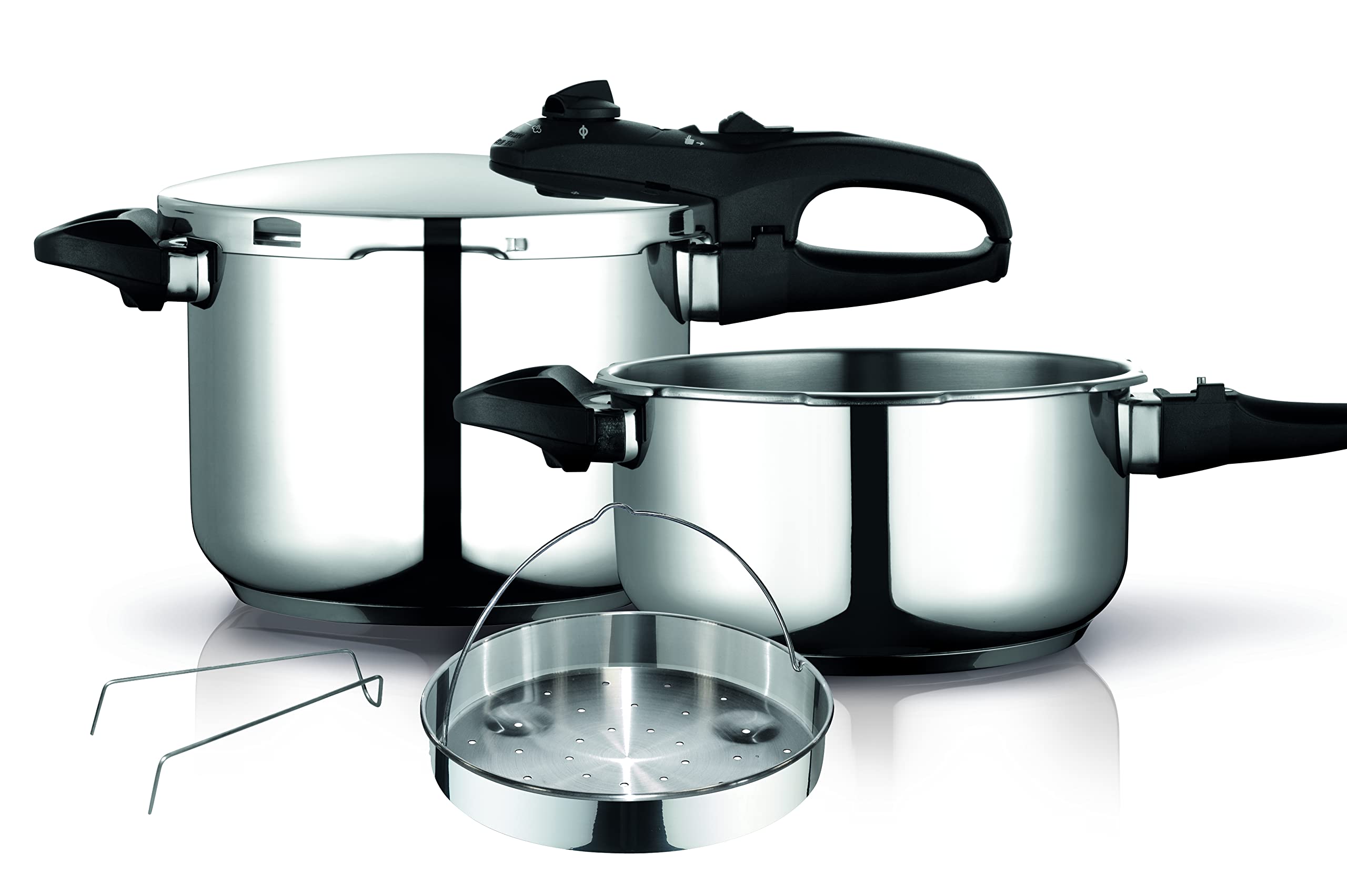 زودپز فاگور اسپانیا دوئو ۶ + ۴ لیتر، القایی، زودپز اکسپرس فوق سریع، استیل ضد زنگ ۱۸/۱۰، همه انواع اجاق گاز، پایه ترمو دیفیوزر، ۲ سطح فشار، ۵ سیستم ایمنی، شامل سبد بخار