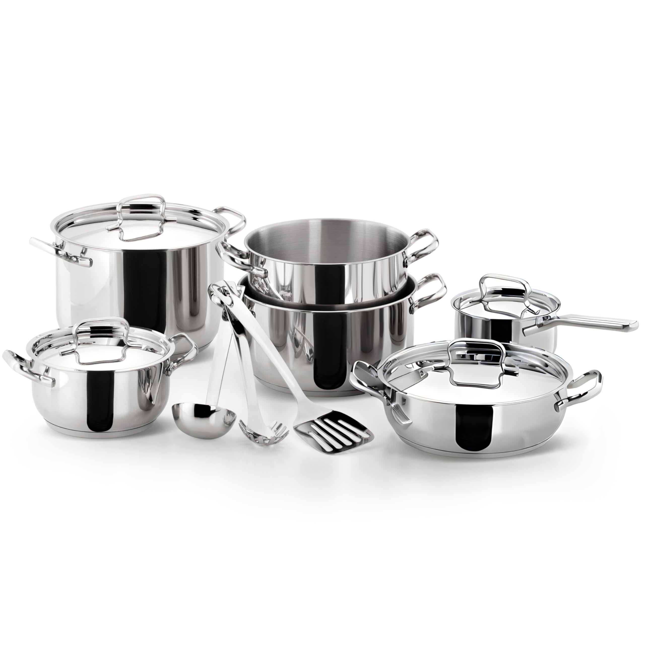 سرویس قابلمه لاگوستینا اسفیزیوسا برای انواع اجاق گاز، ساخته شده از استیل ضد زنگ 18/10، 13 پارچه، پایه 3 لایه لاگوزیل پلاس، سرویس قابلمه با 4 قابلمه، 2 قابلمه، 4 درب، 3 وسیله آشپزخانه، 13 عدد