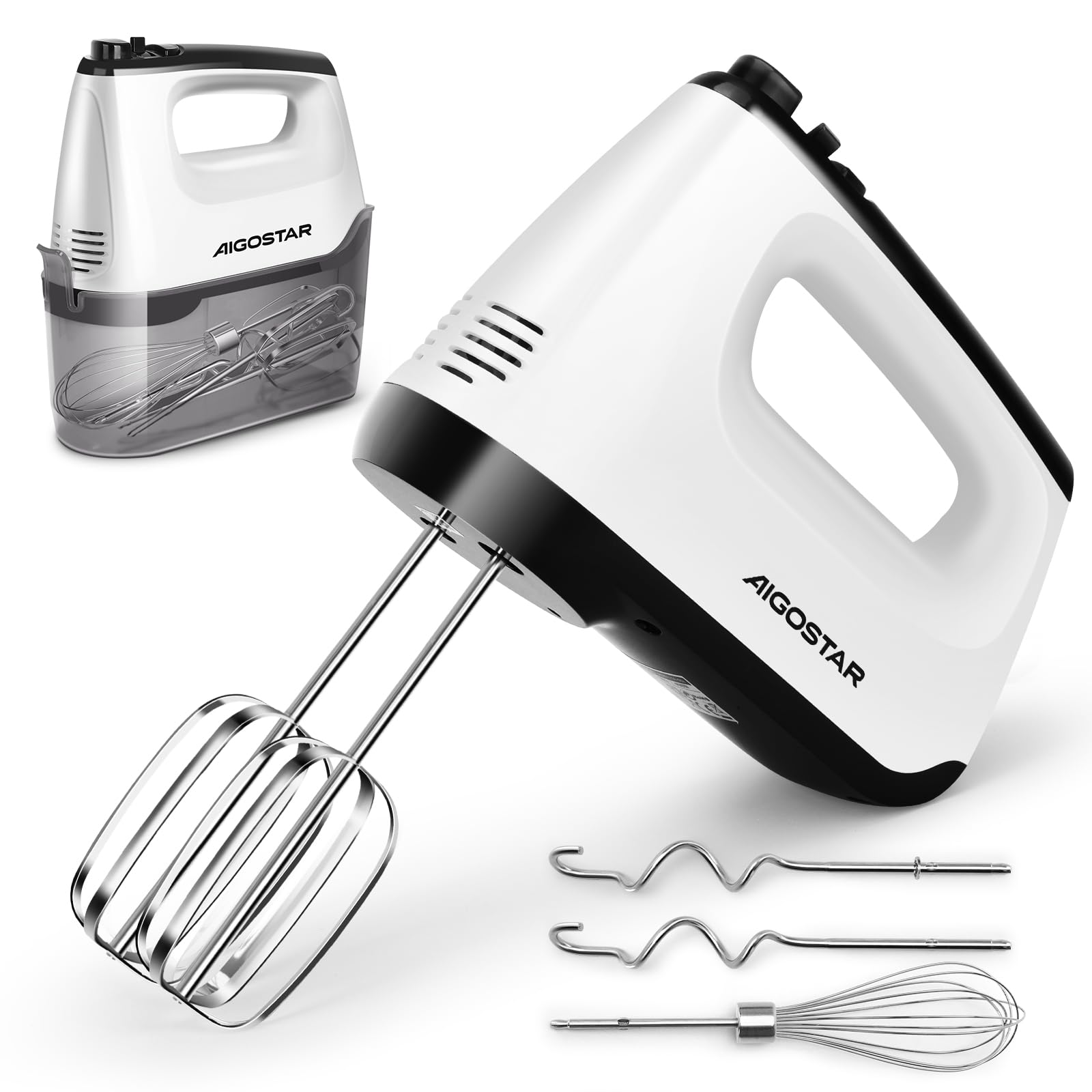 همزن برقی دستی آیگواستار Aigostar Handmixer با جعبه نگهداری ۴۰۰ وات ۵ قطعه جانبی توربو شارژر