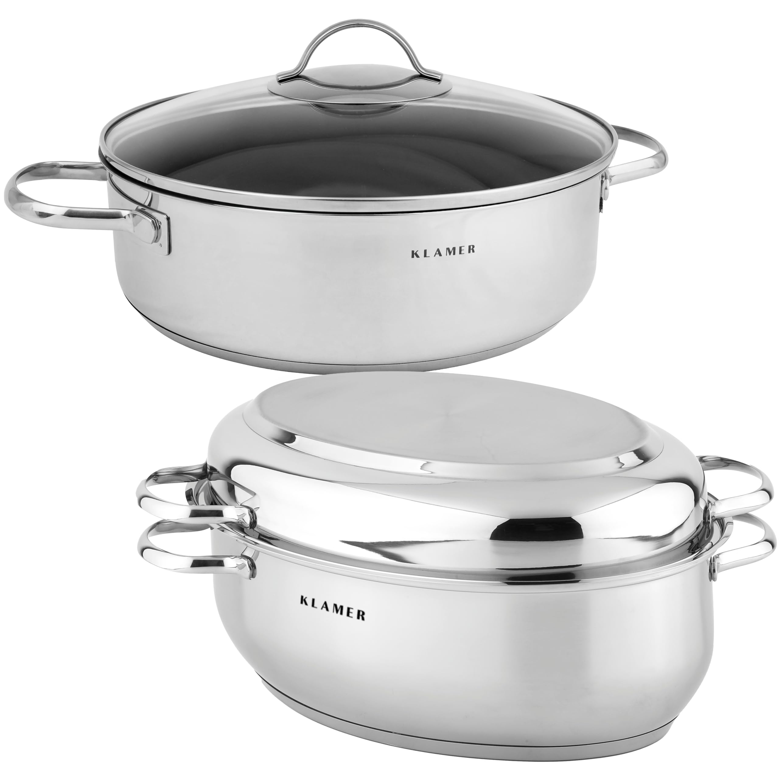 ماهیتابه + تابه سرو 28 سانتی متری کلامر آلمان، ماهیتابه با درب 28 سانتی متری القایی، قابلمه استیل ضد زنگ، قابلمه در فر، لبه بلند ماهی تابه، روکش درجه یک