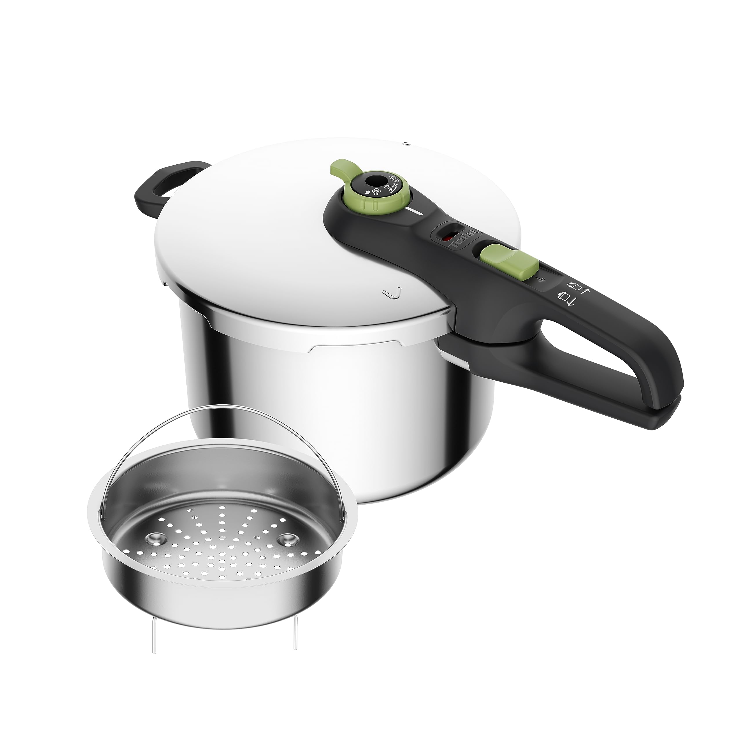 زودپز تفال فرانسه Tefal P2580702 ایمن 6 لیتری با سبد | تنظیم کننده پخت 2 مرحله ای سطح فشرده 117 درجه سانتی گراد، سطح ملایم 112 درجه سانتی گراد