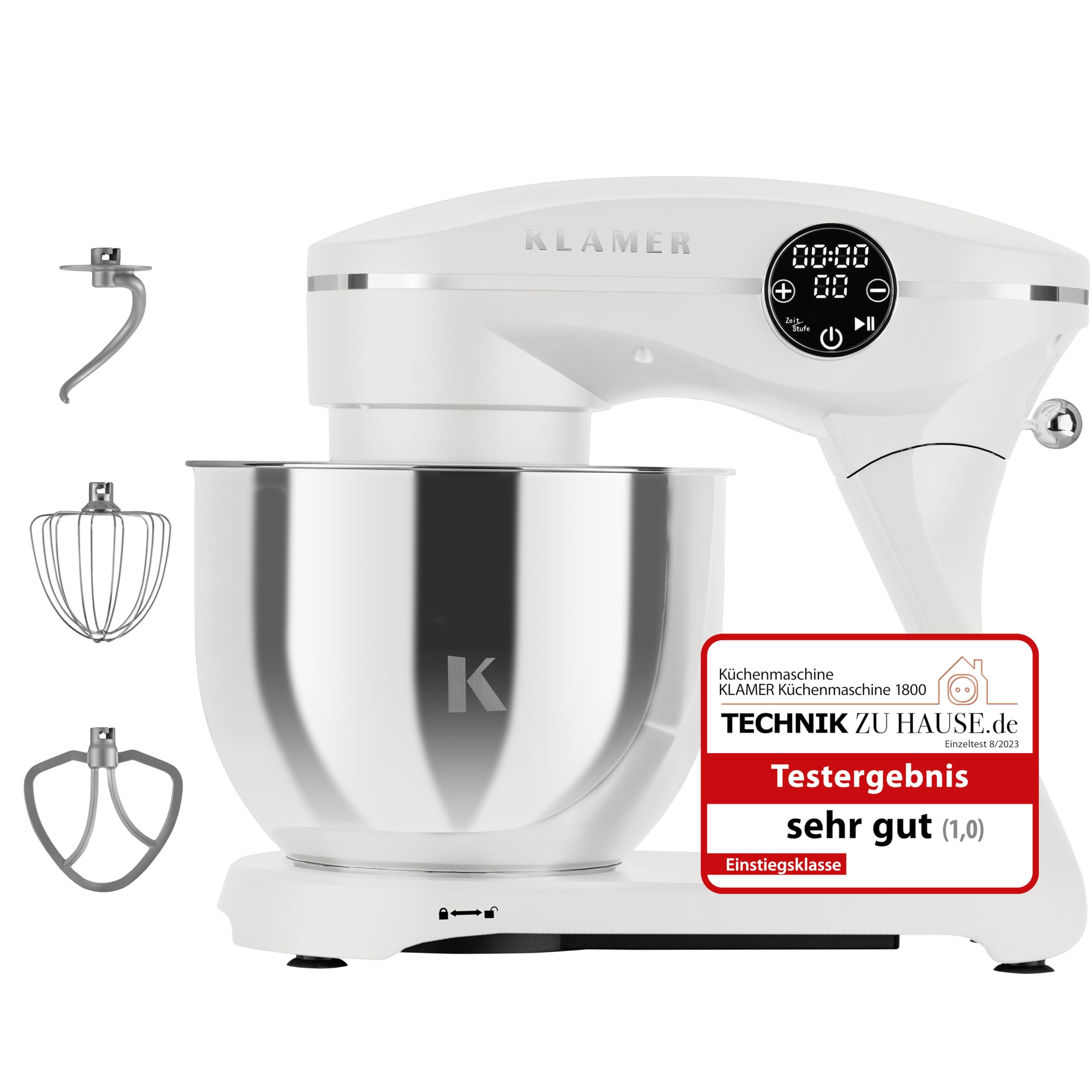 غذا ساز کلامر آلمان KLAMER 1800W، دستگاه خمیر نان با کاسه استیل 6 لیتری، 10 سرعته با تایمر، همزن سیاره ای، همزن، قلاب خمیر، همزن و درب شفاف (سفید)