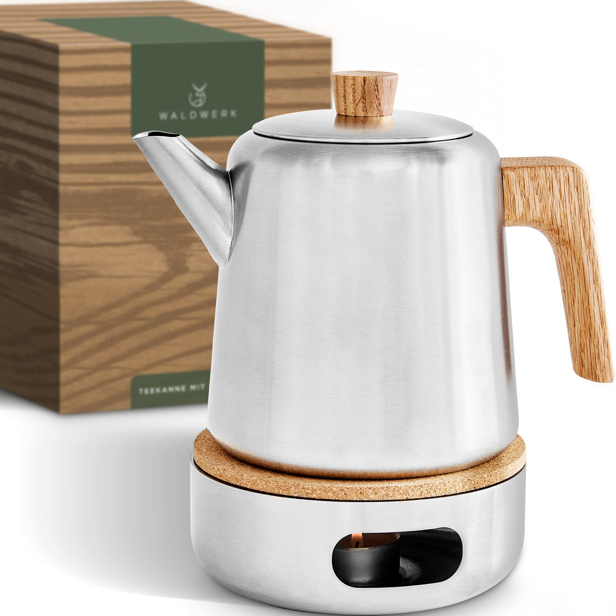 قوری وارمردار والدورک آلمان WALDWERK (1.1 لیتر) - قوری استیل با دسته های بلوط - 100% بدون چکه - قوری با صافی قابل جابجایی