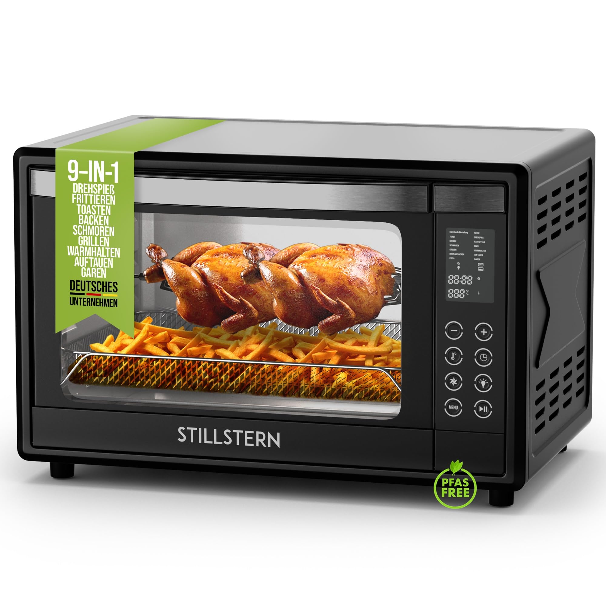 فر مینی اشتیل‌شتِرن آلمان Stillstern با کانوکشن (35 لیتر) نسخه DE، پیتزا Ø28 سانتی متر، جدید: CYCLONE PRO+ (روکش نچسب)، 13 برنامه، یخ زدایی و گرم نگه داشتن، تایمر 8 ساعت، کتابچه دستور پخت، گریل فر پیتزا در فر کوچک