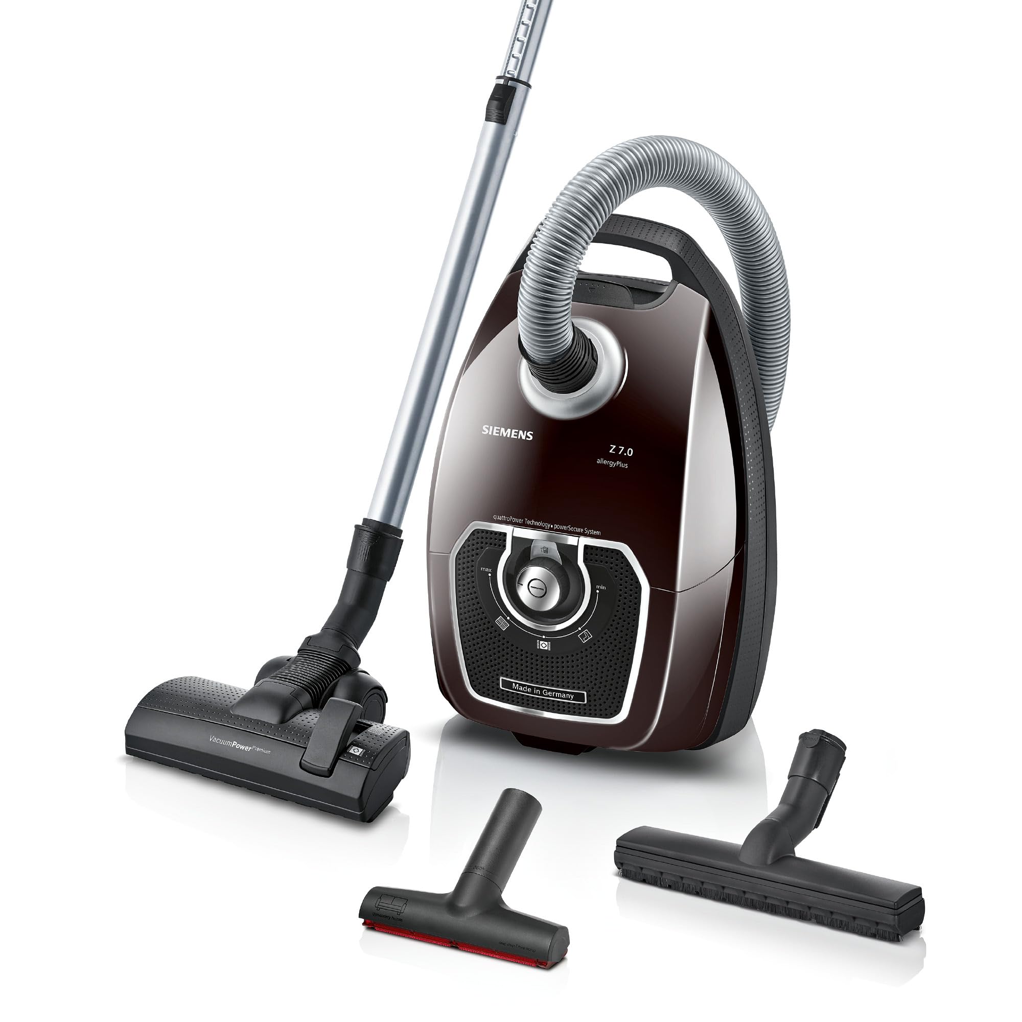 جاروبرقی مخزنی SIEMENS VSZ7A400 Z 7.0 با کیسه و نازل روکش‌دار XXL، 650 وات، مشکی، خاکستری مایل به قهوه‌ای، بی‌صدا 69 دسی‌بل(A) خاکستری 69 دسی‌بل(A) برنده تست بی‌صدای 2017