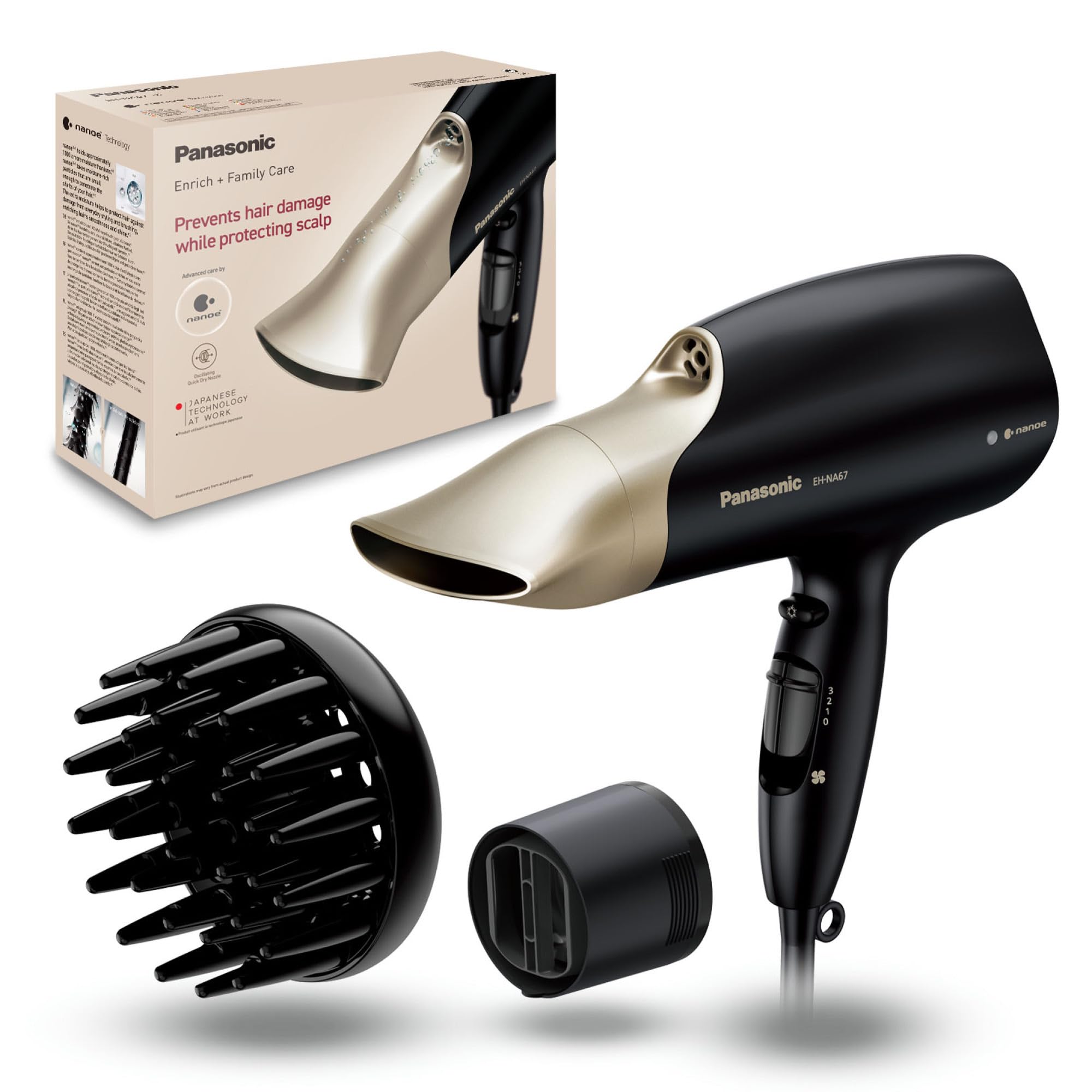 سشوار نانو پاناسونیک EH-NA67K825 با پخش کننده، نازل منعطف خشک کننده سریع و متمرکز کننده، مراقبت از مو برای خانواده، فن و تنظیمات دما، 2000 وات، فیلتر قابل جدا شدن، طلایی شامپاینی