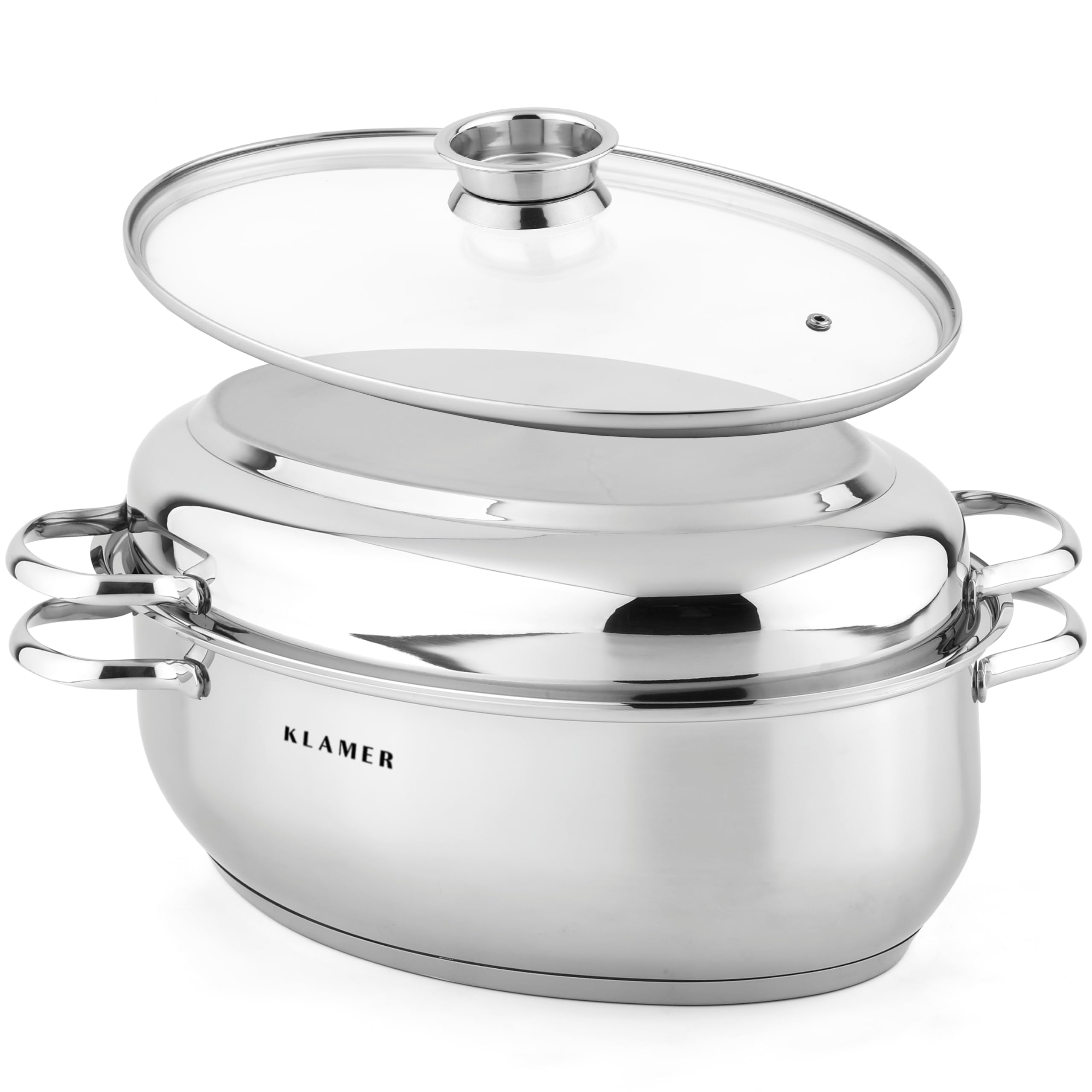 ماهیتابه مرغ کلامر آلمان KLAMER با درب 41 سانتی متری، قابل استفاده در فر، 8.5 لیتری XXL با ظرف درب دار 4 لیتری، برای انواع اجاق گاز از جمله القایی، استیل ضد زنگ