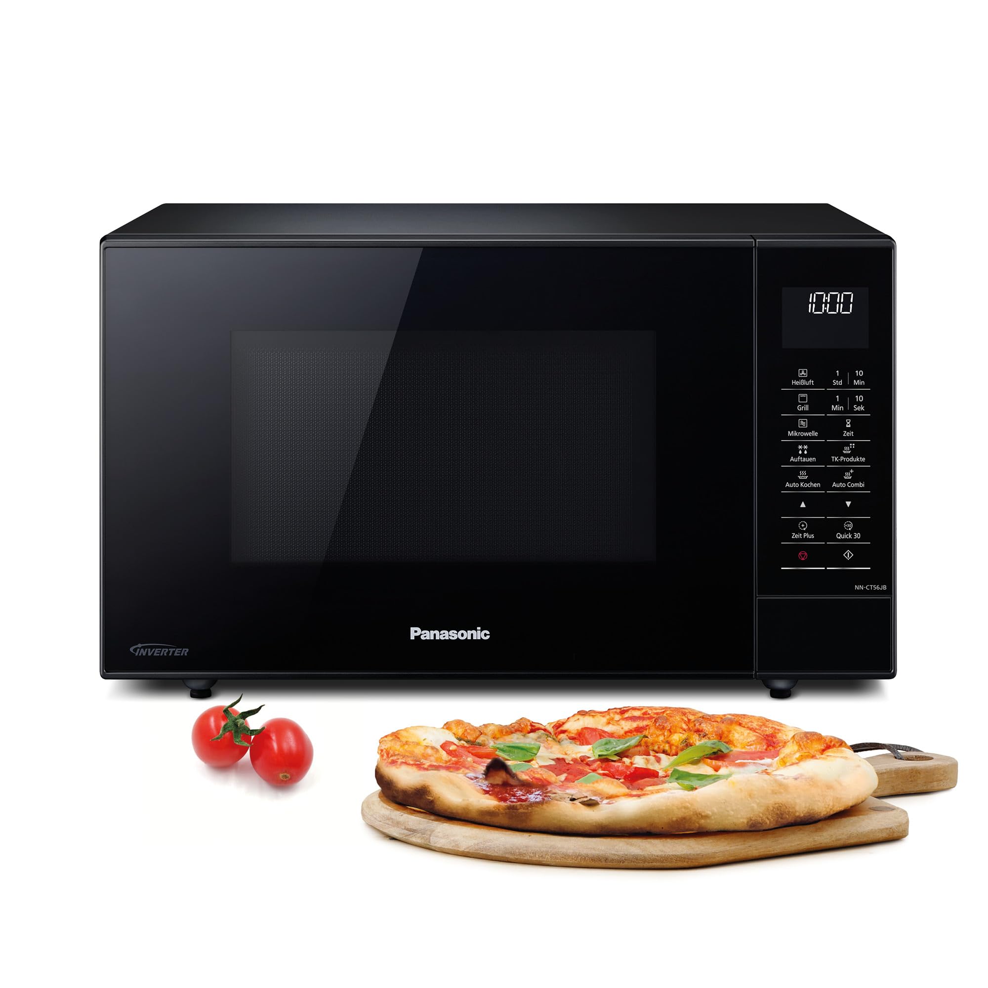 مایکروویو ترکیبی باریک پاناسونیک NN-CT56JBGPG با گریل، صفحه گردان شیشه‌ای، ۲۷ لیتر، ۱۰۰۰ وات، ۴۰/۱۰۰-۲۲۰ درجه سانتیگراد، ۲۳ برنامه خودکار، یخ‌زدایی، ۶ سطح قدرت، چراغ دیجیتال LED، مشکی، تکی