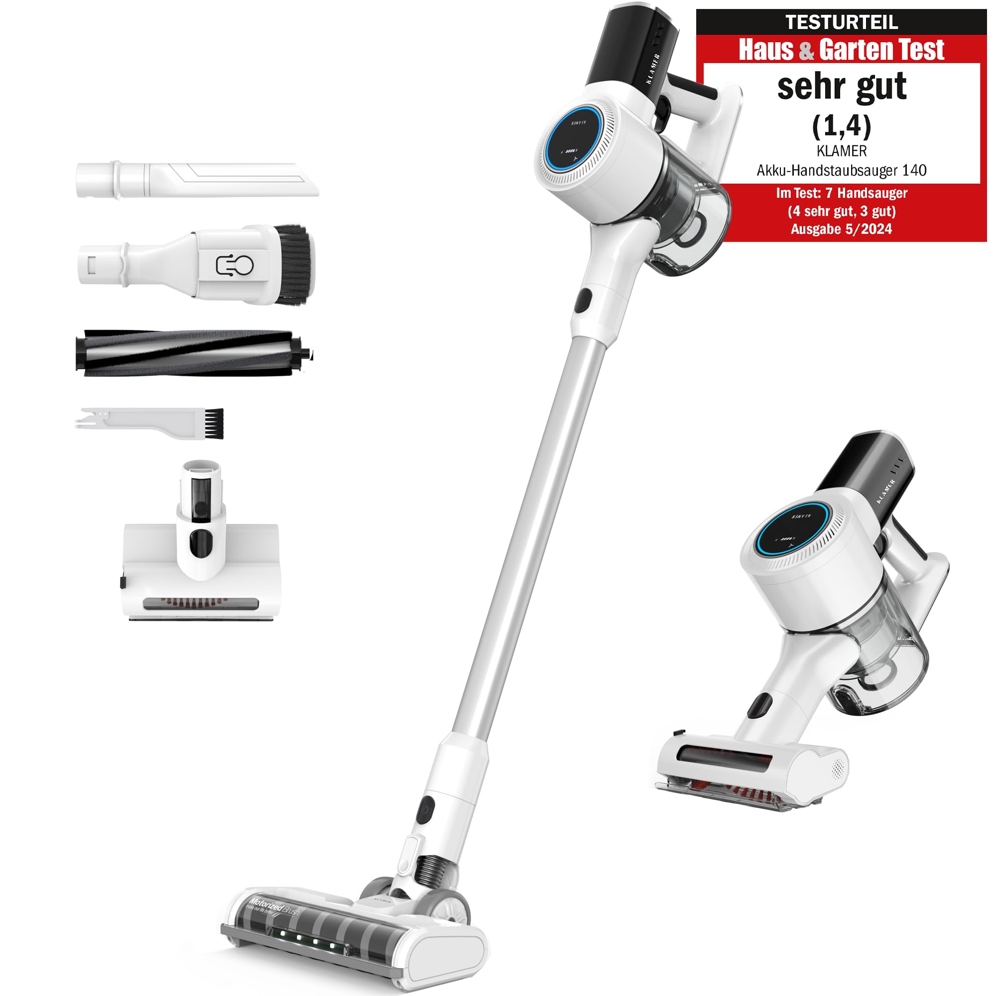 جارو شارژی کلامر آلمان KLAMER، جارو شارژی و دستی 2 در 1، عمر باتری تا 45 دقیقه، جارو شارژی با فیلتر HEPA برای فرش، ماشین و کف های سخت سفید