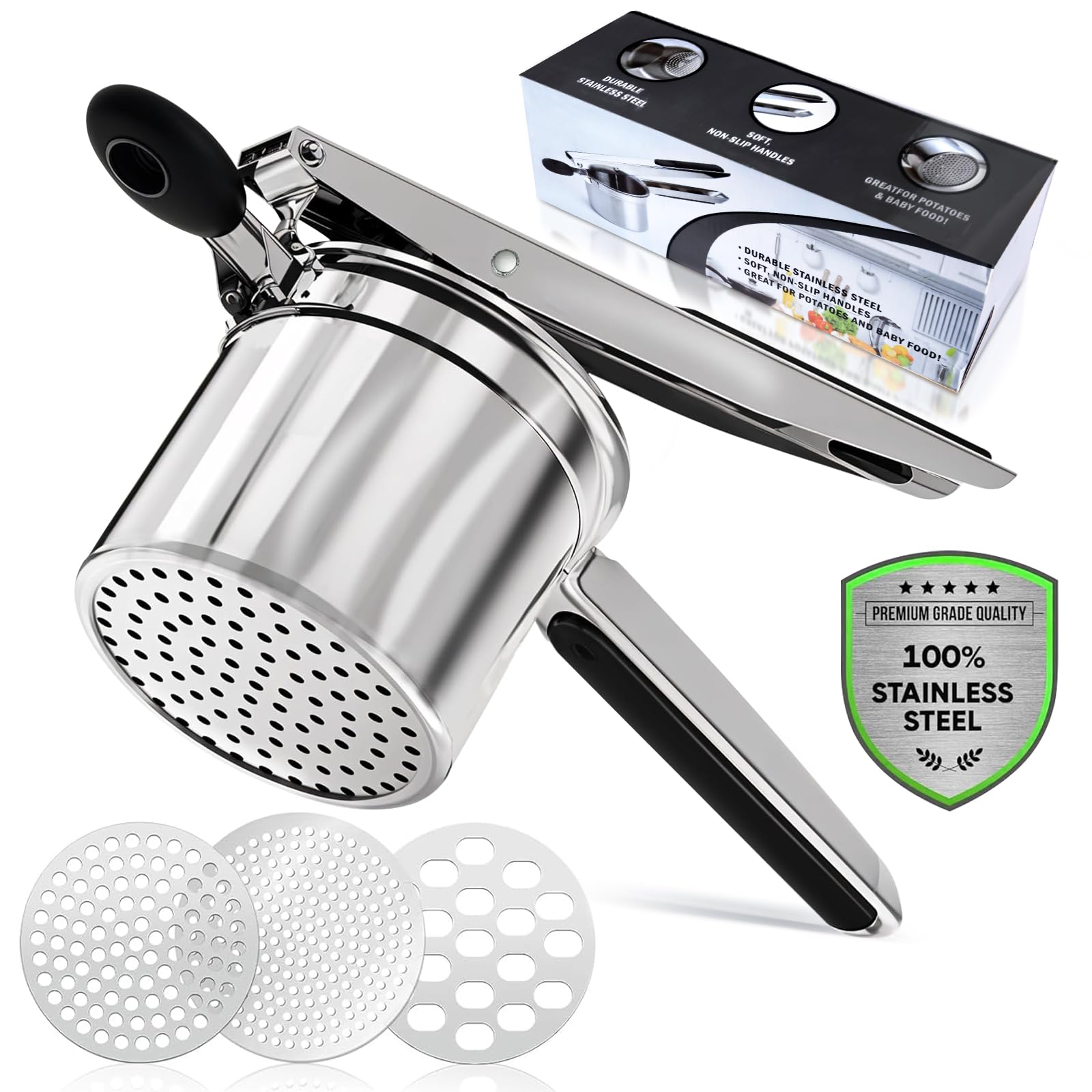 پرس سیب زمینی از جنس استیل ضد زنگ مخصوص مواد غذایی با 3 تیغه قابل تعویض، له کننده سیب زمینی با دسته سیلیکونی، پرس سیب زمینی، میکسر چند منظوره برای پوره سیب زمینی، پوره میوه و ...