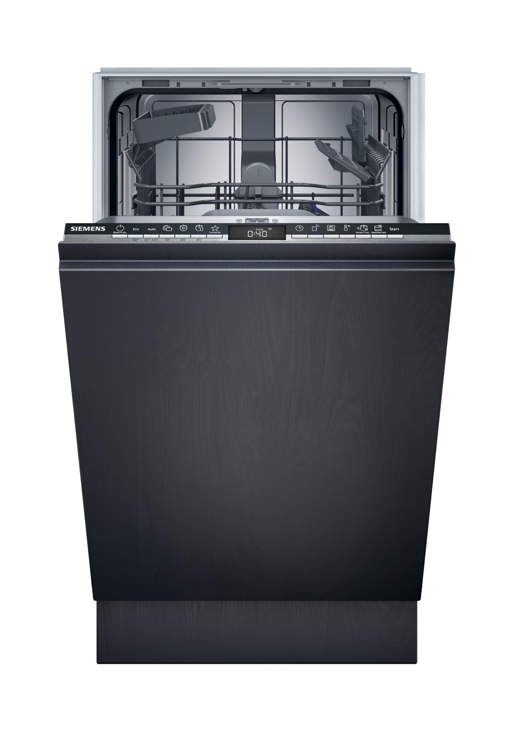 ماشین ظرفشویی هوشمند زیمنس SR63EX24KE، مدل iQ300، کاملاً یکپارچه، عرض ۴۵ سانتی‌متر، ساخت آلمان، سبد کارد و چنگال، باز شدن خودکار درب در پایان برنامه، صدای دلپذیر با موتور محرک iQ، سیستم ضد آب AquaStop، کلاس انرژی "C" Iq300