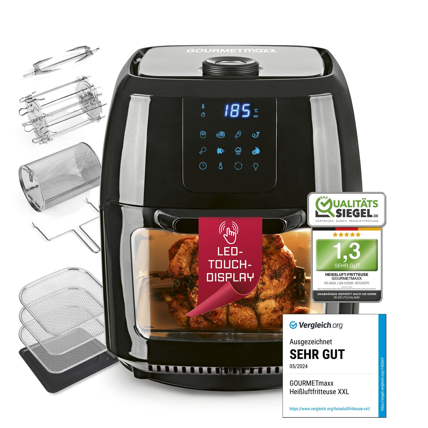 سرخ کن دیجیتال گورمت‌ مکس آلمان GOURMETmaxx مدل XXL سرخ کن با عملکرد تایمر صفحه نمایش لمسی جوجه گردان 9 لیتر