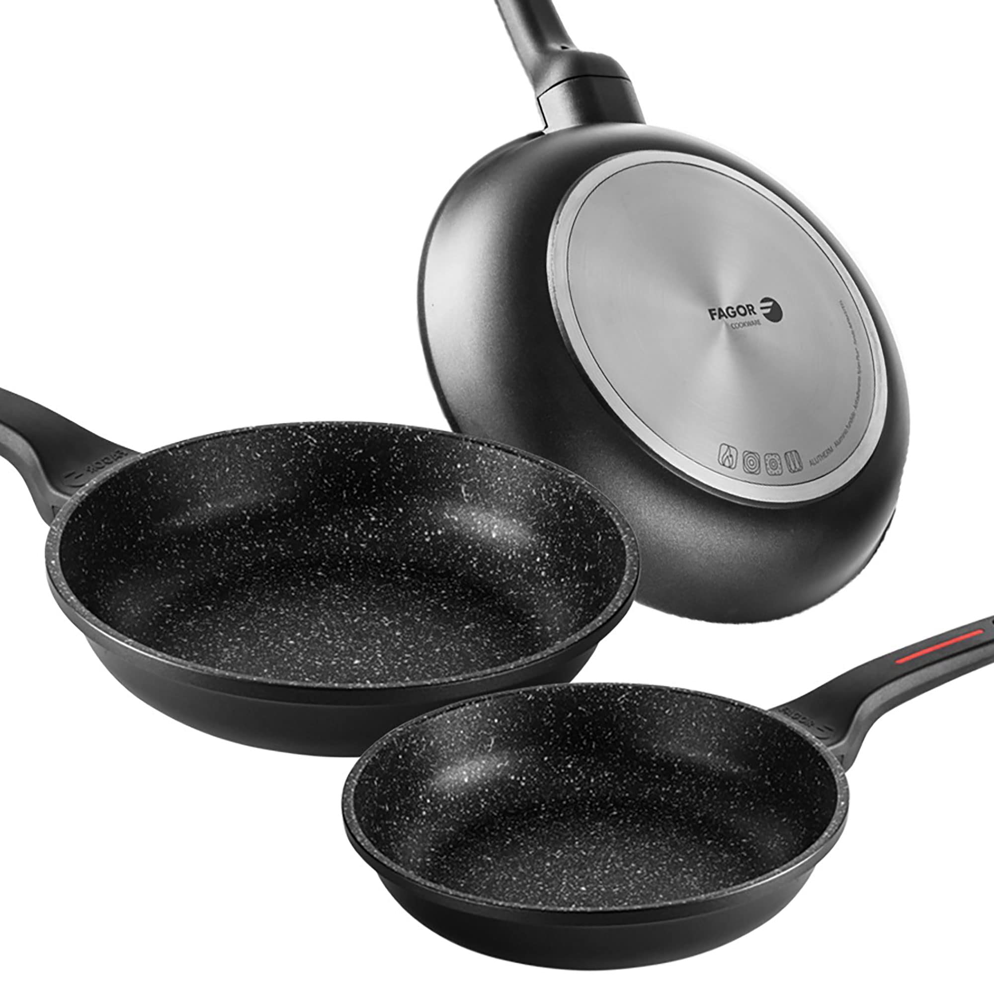 ست ماهیتابه 3 عددی القایی فاگور اسپانیا آلوترم 20-24-28 سانتی متر، آلومینیوم ریخته گری، ضخامت 5.3 میلی متر، پوشش نچسب اکولوژیکی XYLAN PLUS بدون PFOA، مناسب برای انواع اجاق گاز، سرامیک شیشه ای، گاز