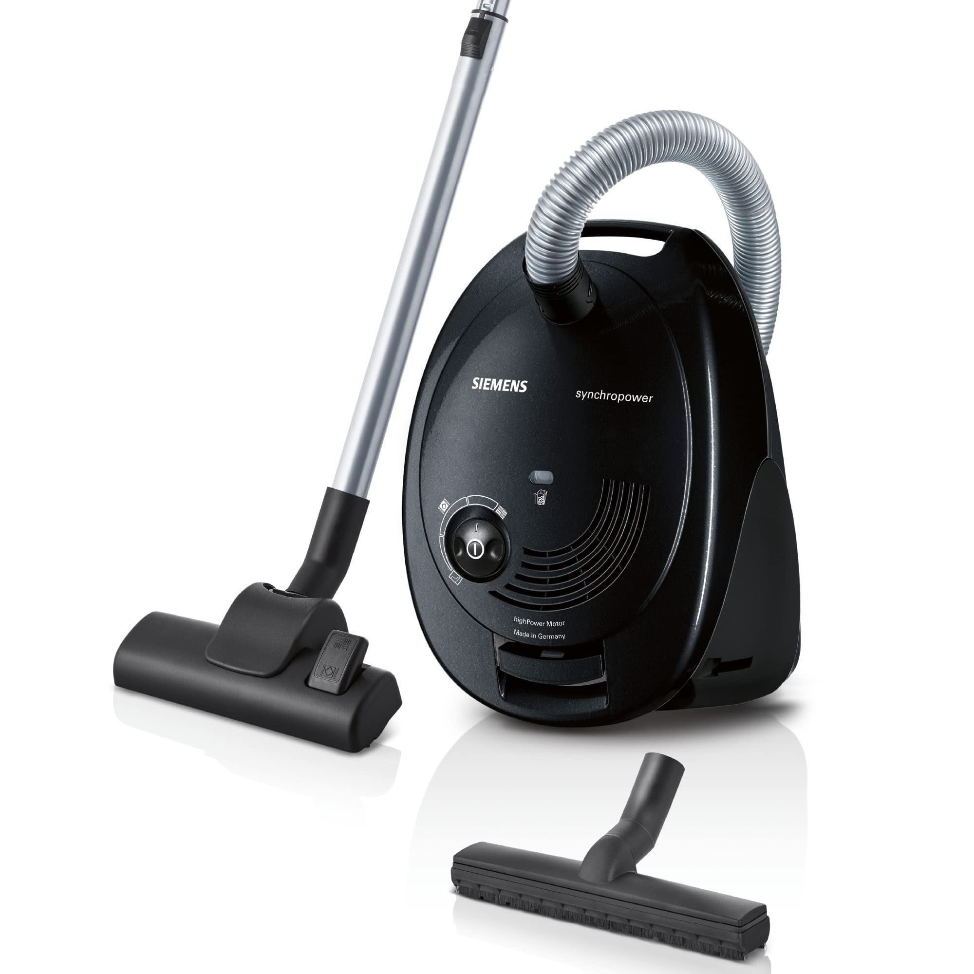 جاروبرقی زیمنس با کیسه سینکروپاور VS06B112A، جاروبرقی مخزنی، فیلتر بهداشتی، نازل کف برای پارکت، فرش، کاشی، قدرت مکش قوی، کابل بلند، نازل مخصوص درز و شکاف، 700 وات، مشکی، نازل پارکت مشکی 700 وات