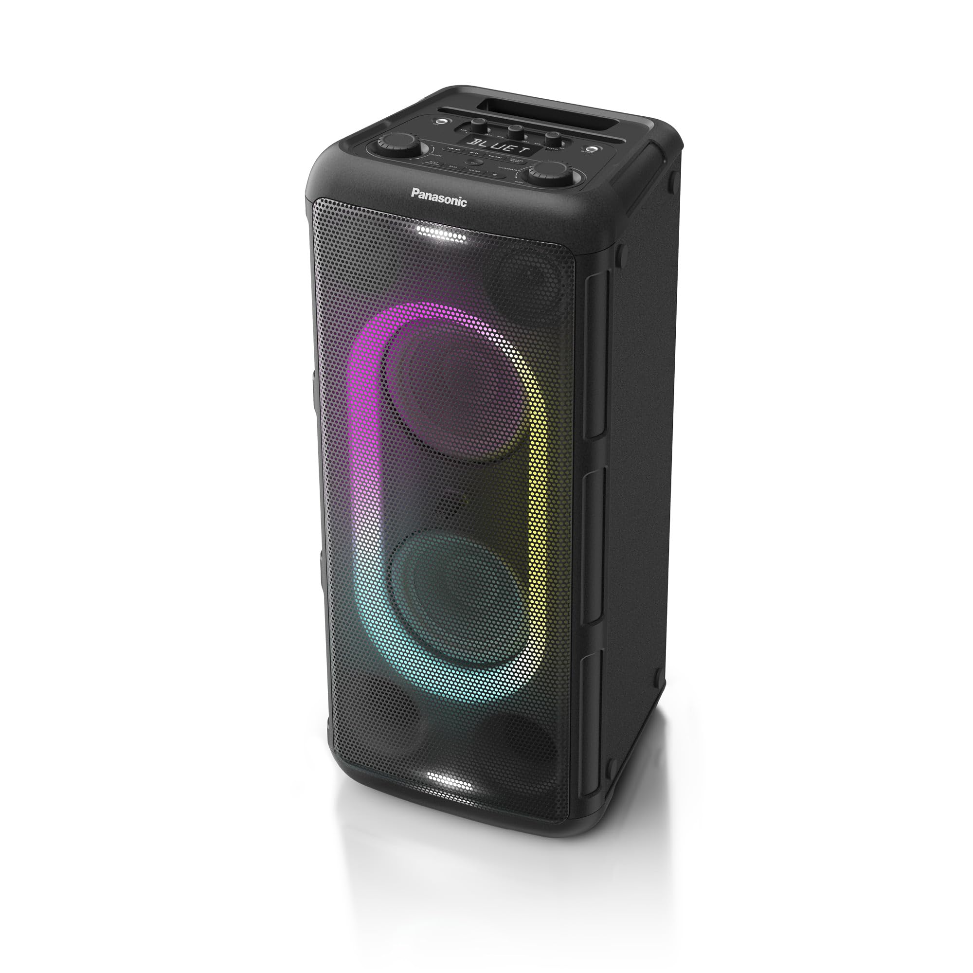 سیستم صوتی پاناسونیک SC-TMAX45E-K با عملکرد بالا و بلوتوث، ۱۰۰۰ وات، نورپردازی یکپارچه، USB، ورودی اپتیکال برای تلویزیون، ورودی‌های گیتار و میکروفون برای کارائوکه، مشکی. سیستم صوتی با عملکرد بالا و بلوتوث، ۱۰۰۰ وات.