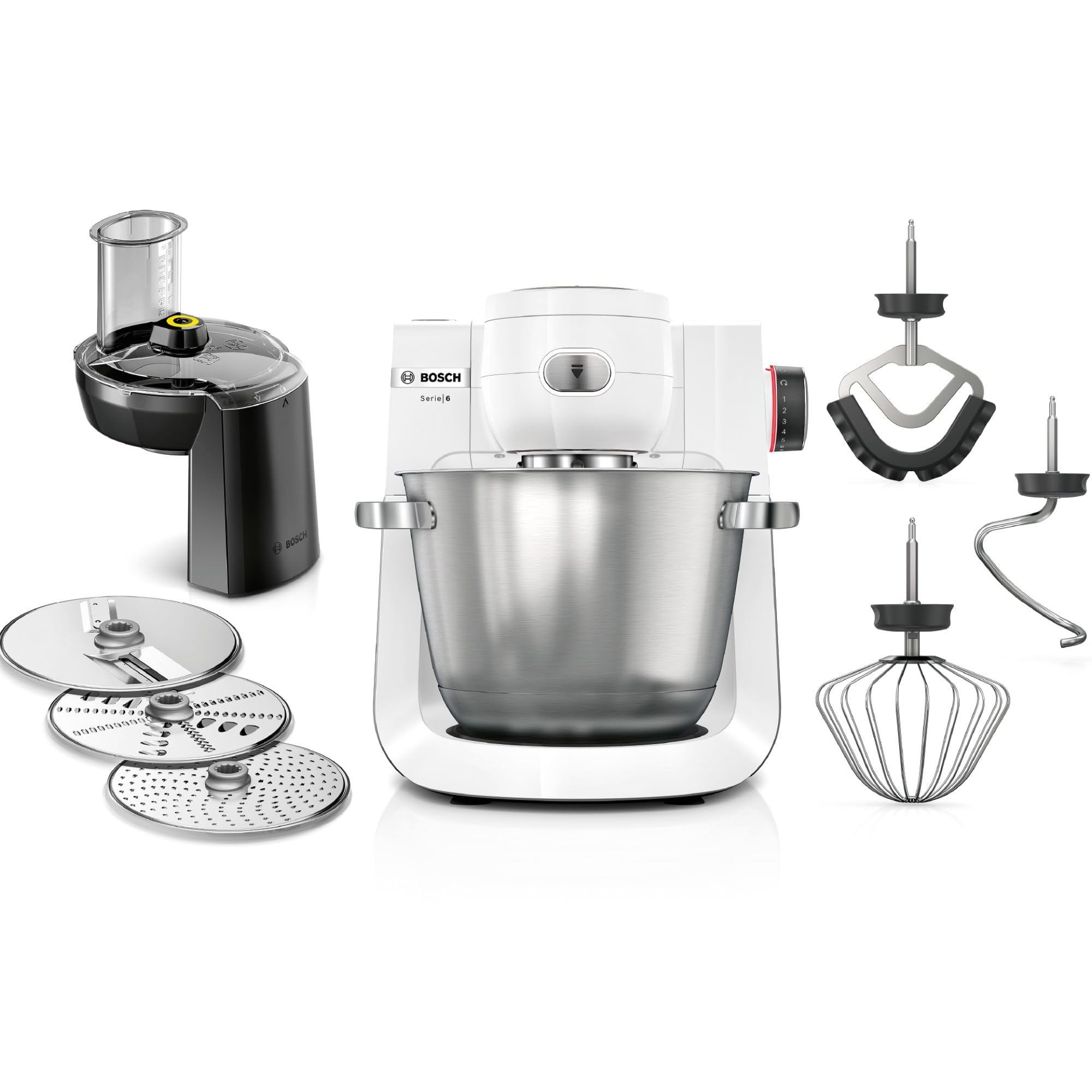 غذا ساز همه کاره سری 6 بوش Bosch MUMS6EW13D، جدید، 7 سرعت، کاسه 5.5 لیتری، خردکن پیوسته، 3 دیسک، قلاب خمیر، همزن سیلیکونی،  1600 وات
