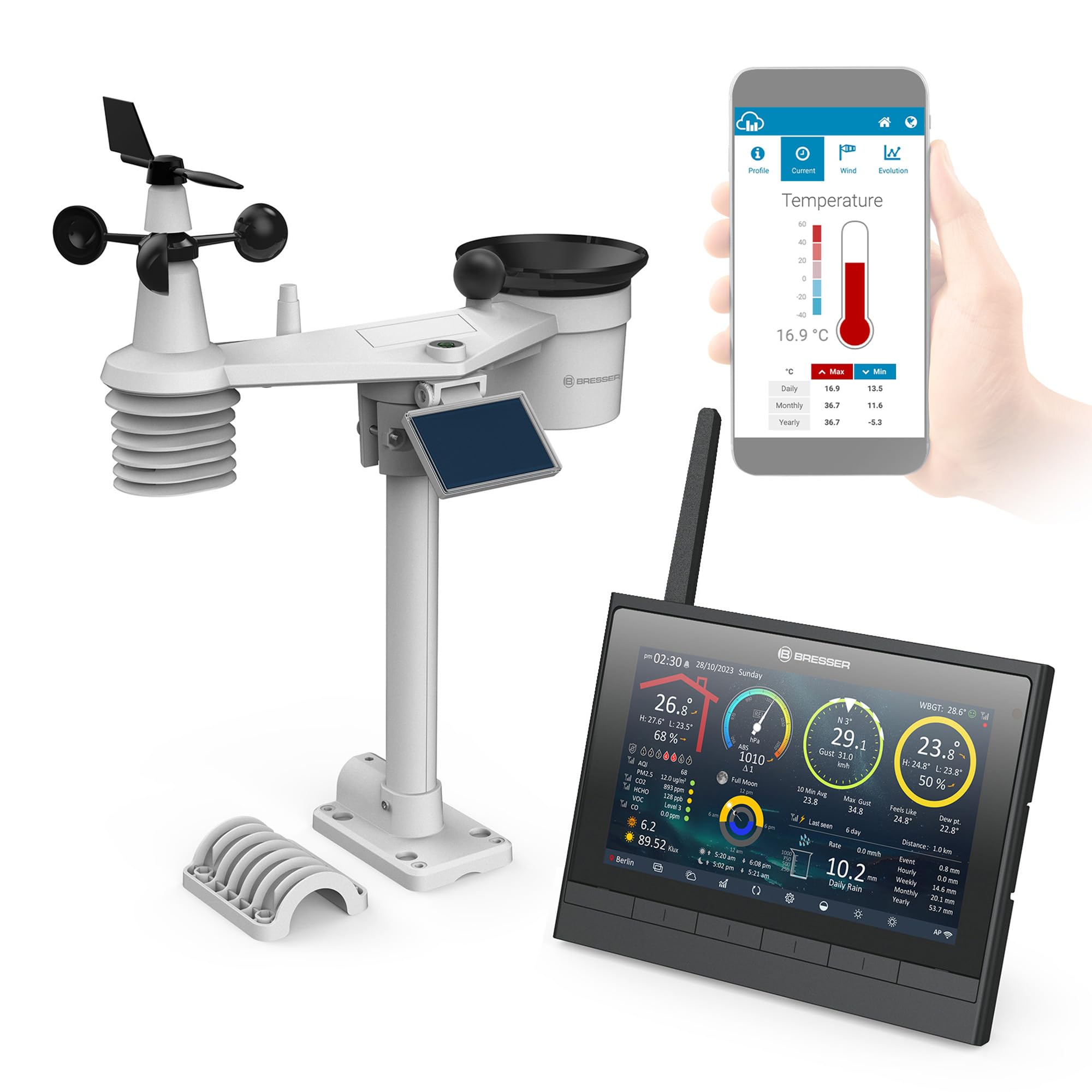 ایستگاه هواشناسی Bresser 9-in-1 MeteoChamp HD Wi-Fi با حسگر چندگانه خورشیدی، نشانگر کیفیت هوا، شاخص استرس گرمایی، ذخیره‌سازی داده‌ها