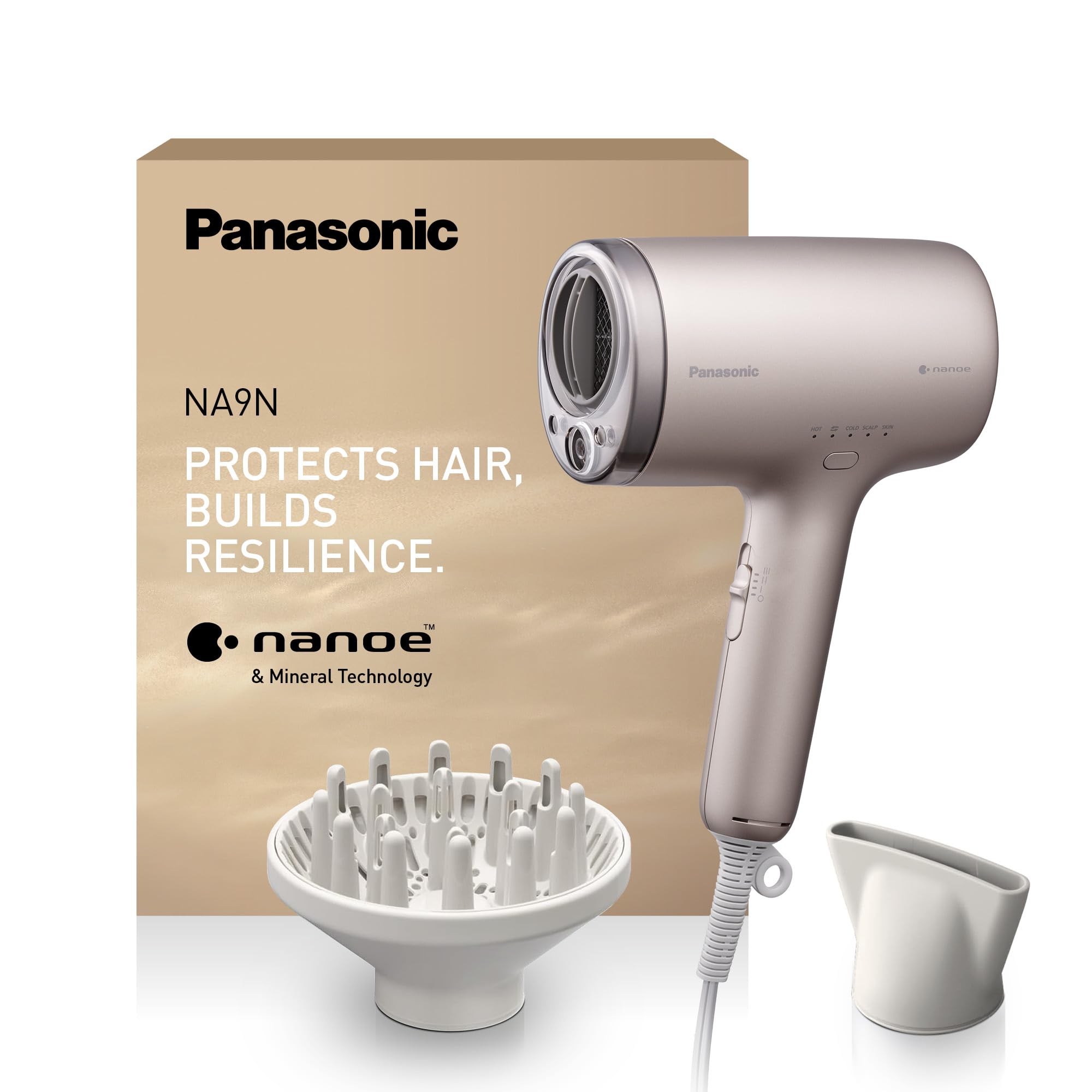 سشوار پاناسونیک EH-NA9N-E825 nanoe™ و Mineral-Ionic، ضد آسیب مو، خشک کردن سریع، حسگرهای هوشمند، حالت‌های پوست سر و صورت، اتصال متمرکزکننده، 1600 وات، سشوار معدنی-یونی Greige Greige (2025)
