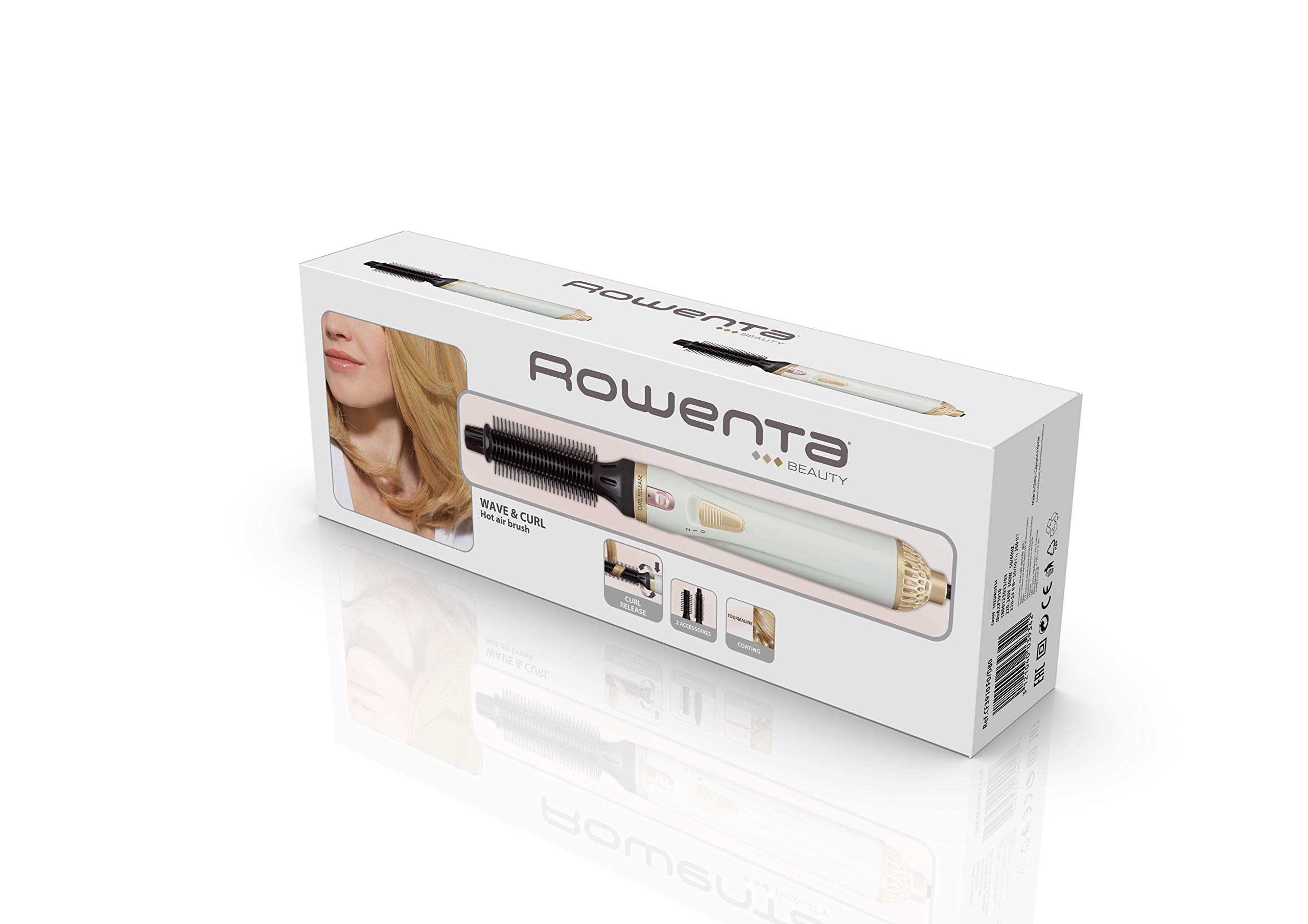 برس هوای گرم Rowenta CF3910 با قابلیت آزاد کردن فر، سیستم رول آن برای فر و موج دادن آسان، پوشش سرامیکی/تورمالین، 2 حالت تنظیم دما و فن، سفید، 1 عدد (1 بسته) سفید | 1 لوازم جانبی