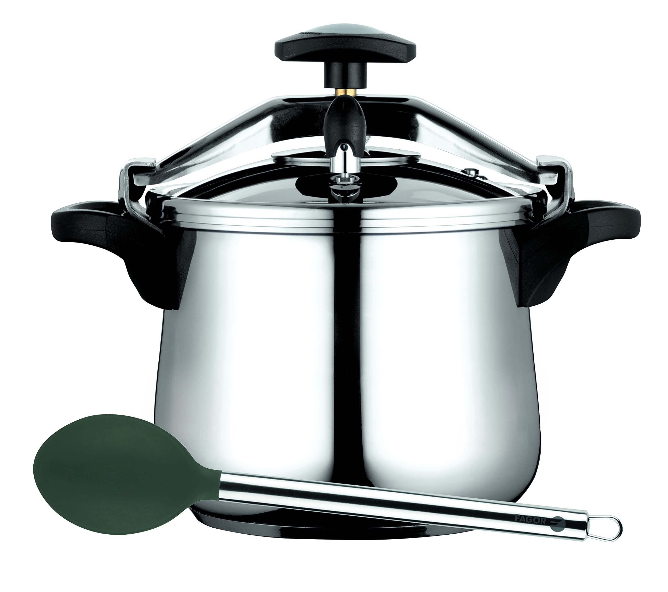 زودپز فاگور اسپانیا کلاسیکا بمبه ۱۰ لیتری، القایی، زودپز اکسپرس، استیل ضد زنگ ۱۸/۱۰، انواع اجاق گاز، پایه پخش کننده گرما، ۳ سیستم ایمنی، شامل قاشق سرو نایلونی ملیر