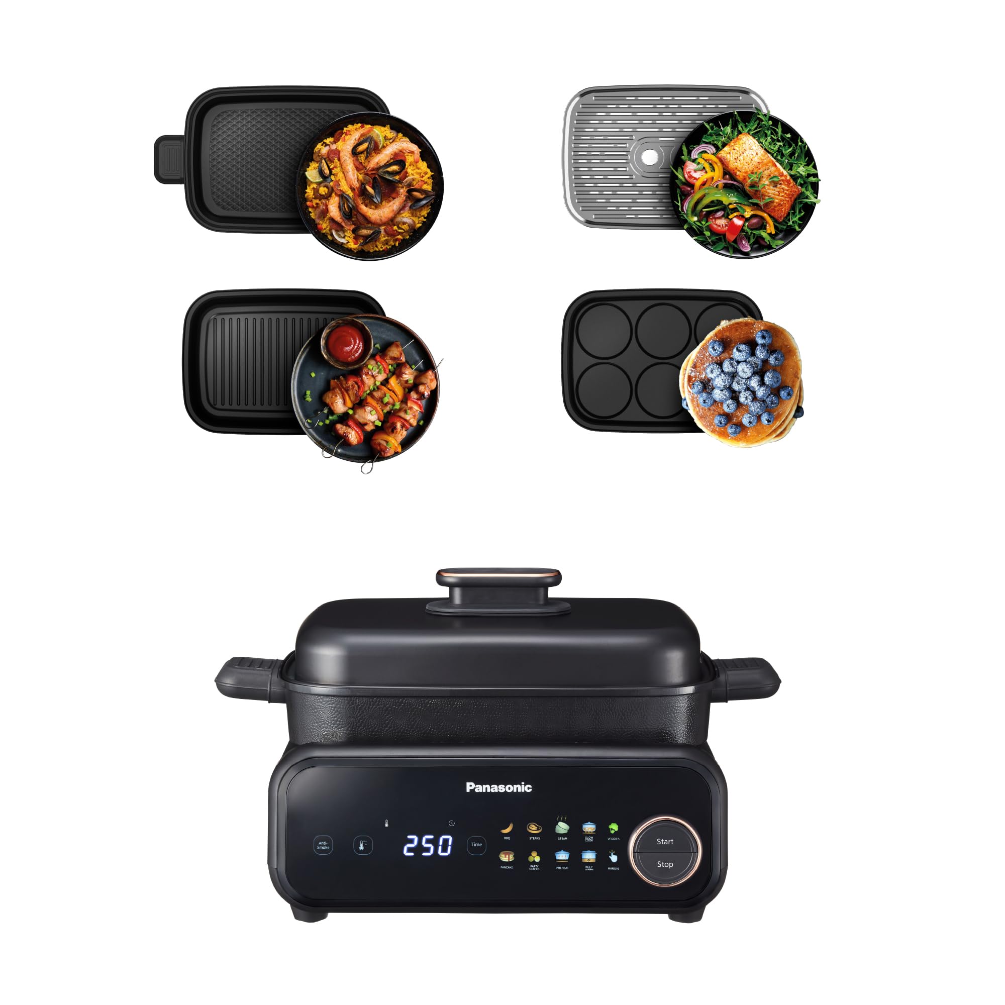 پلوپز برقی چندکاره پاناسونیک NF-GM400KXE، گریل رومیزی برقی، کباب کردن، پخت آرام، باربیکیو، بخارپز کردن، تفت دادن، ۱۴۰۰ وات، ۴۰ تا ۲۵۰ درجه سانتیگراد، ۹ حالت خودکار، ۴ صفحه نچسب، سیستم مکش دود، مشکی، ۴ لوازم جانبی