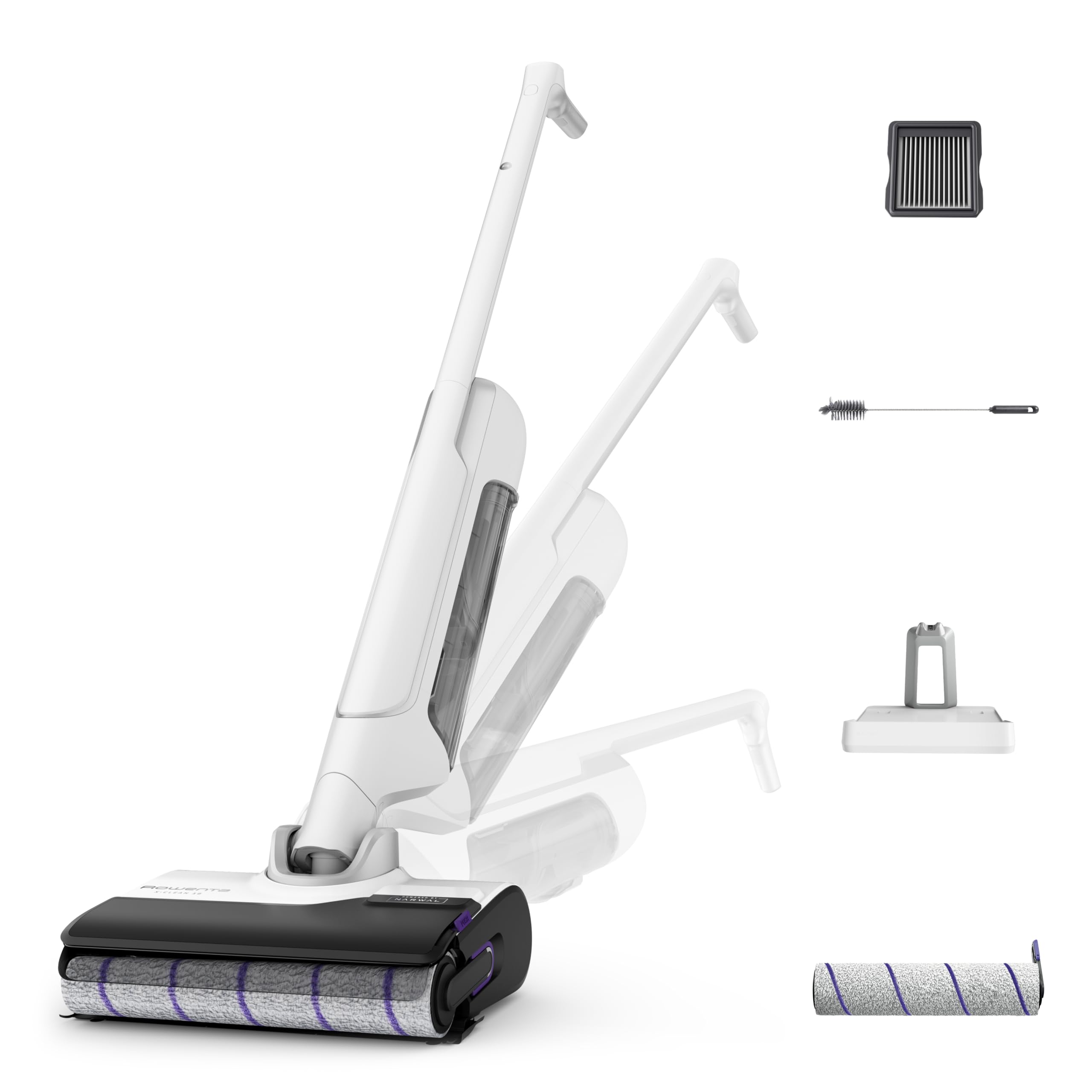 جاروبرقی بی‌سیم Rowenta X-Clean 10، جاروبرقی خشک و تر، تی خود تمیز شونده و خشک کننده، جاروبرقی فوق سبک: تنها 0.8 کیلوگرم در دست، 60 دقیقه کارکرد، سفید، YY5785FE X-Clean 10 با فیلتر اضافی