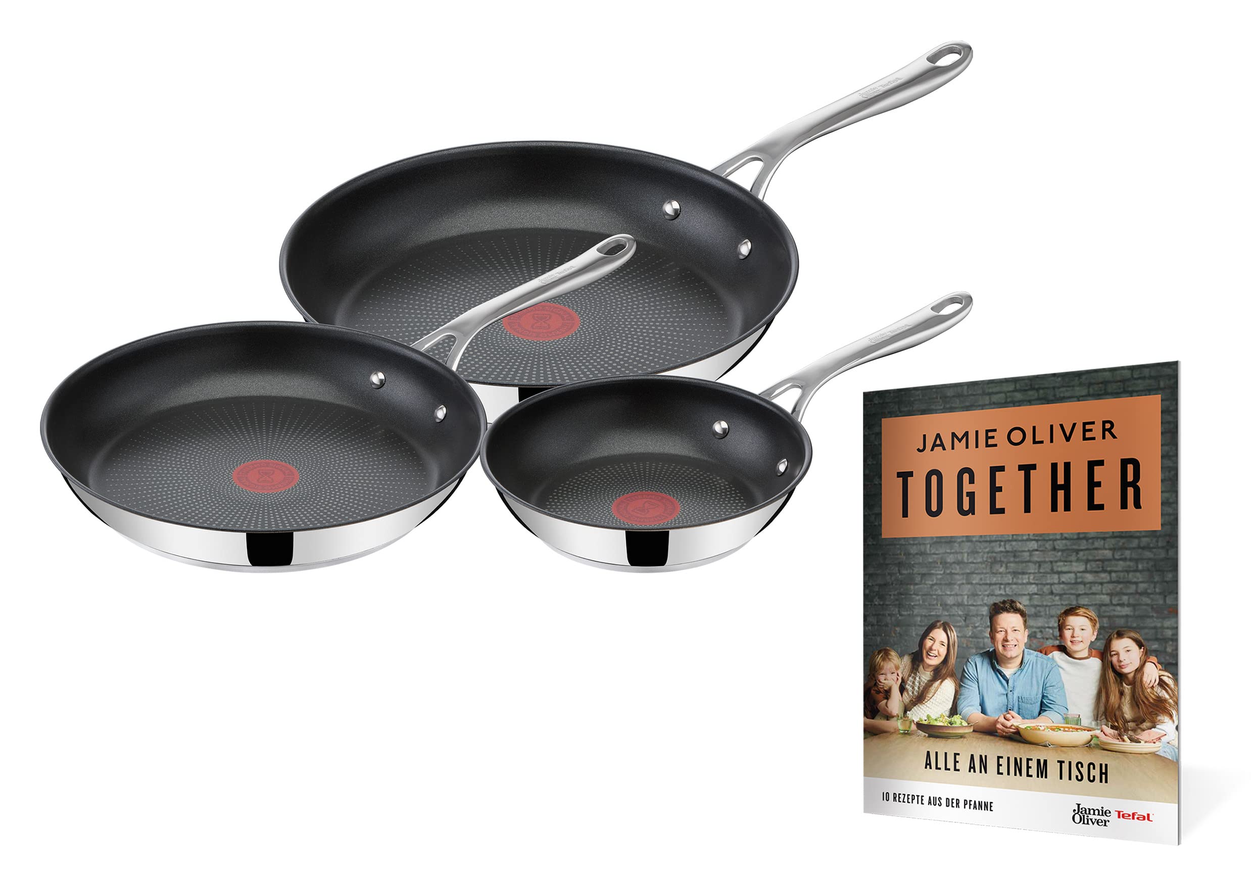 ماهیتابه 3 عددی تفال فرانسه 20/24/28 سانتی متری جمی الیور توسط تفال کوک، دفترچه دستور العمل، نچسب، القایی، ایمن در فر، استیل ضد زنگ، دسته پرچ شده، E304S3.TOG