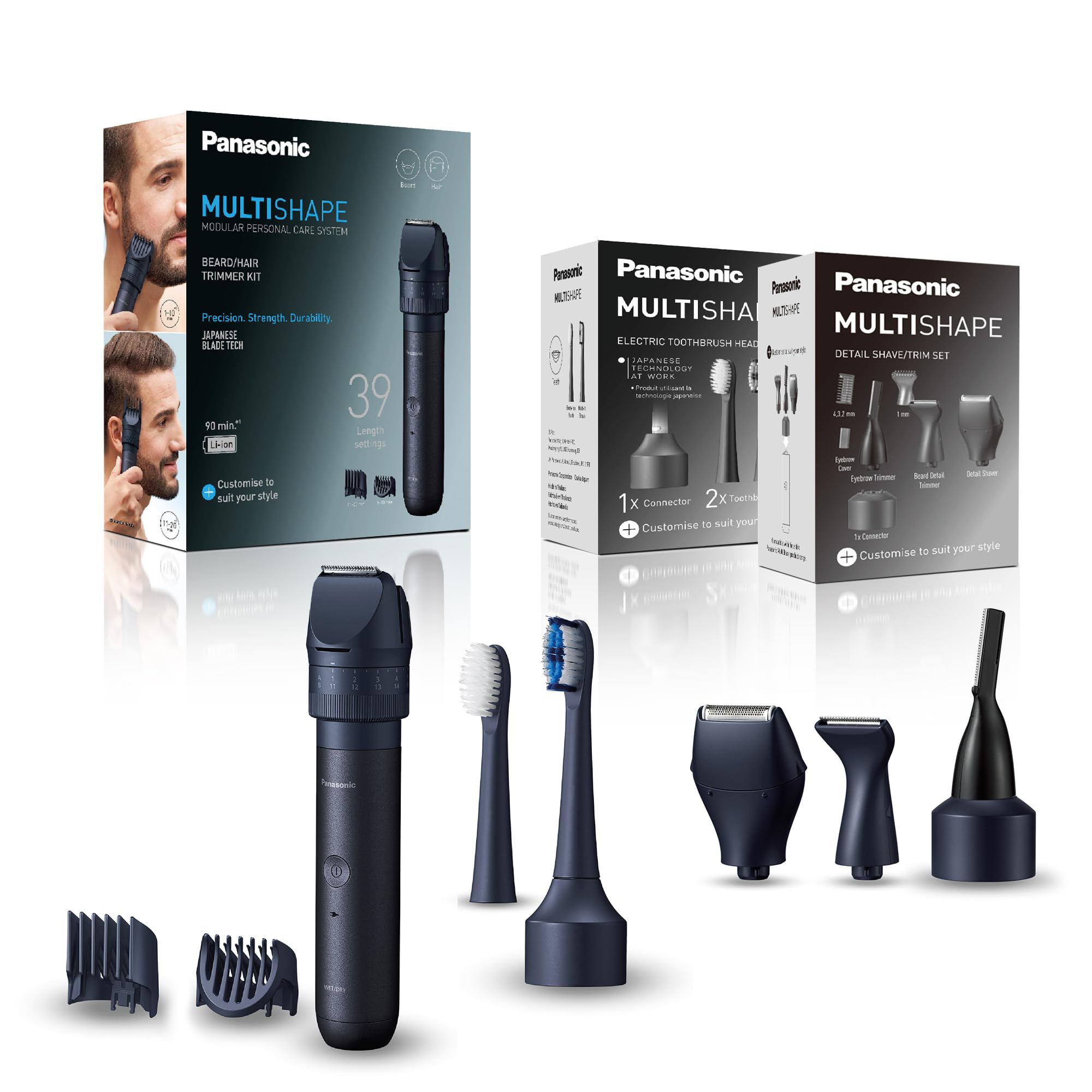 مجموعه پاناسونیک MULTISHAPE ERCKL1، ER-CDT1 و ER-CTB1، ماشین اصلاح ریش و مو، مجموعه سری اصلاح/پیرایش دقیق، سری مسواک برقی با باتری لیتیوم-یونی قابل شارژ، مشکی