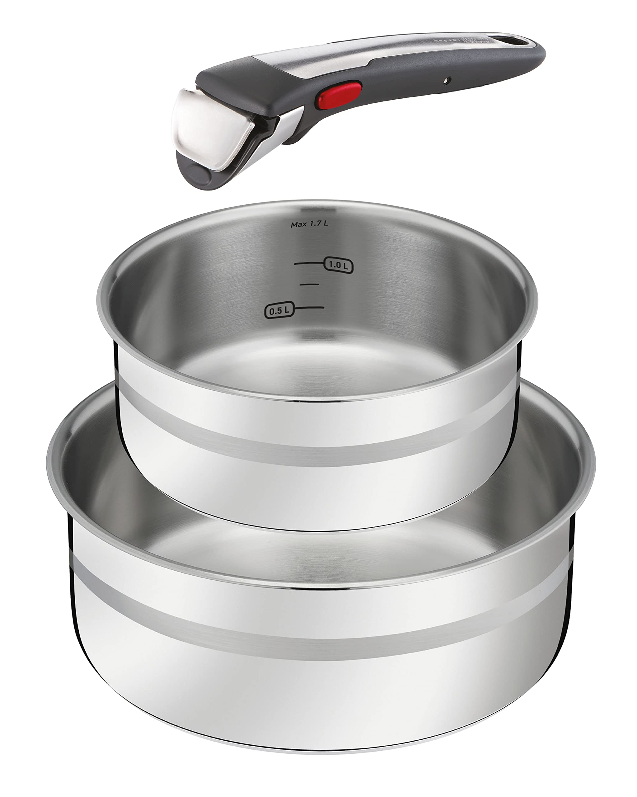 سرویس قابلمه 3 پارچه تفال فرانسه جیمی اولیور Ingenio، 1 دسته قابل جابجایی، 2 قابلمه استیل ضد زنگ، القایی، ایمن اجاق گاز، صرفه جویی در فضا، علائم اندازه گیری، L977S344