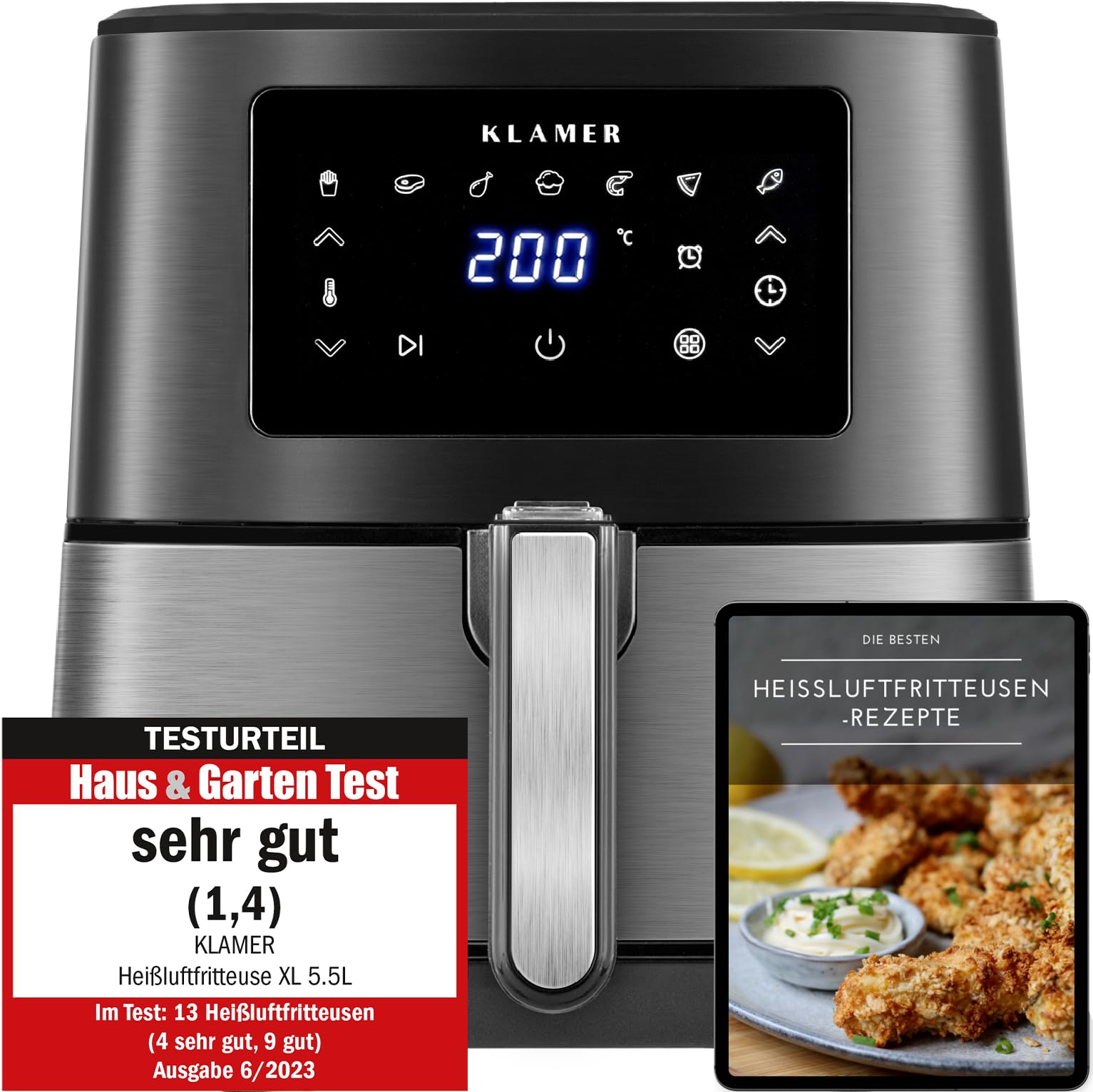 سرخ کن هوا گرم کلامر آلمان KLAMER 5.5l XXL، بدون روغن، هواکش 1700 واتی با صفحه نمایش لمسی LED مینی سرخ کن هوای چند منظوره بدون روغن