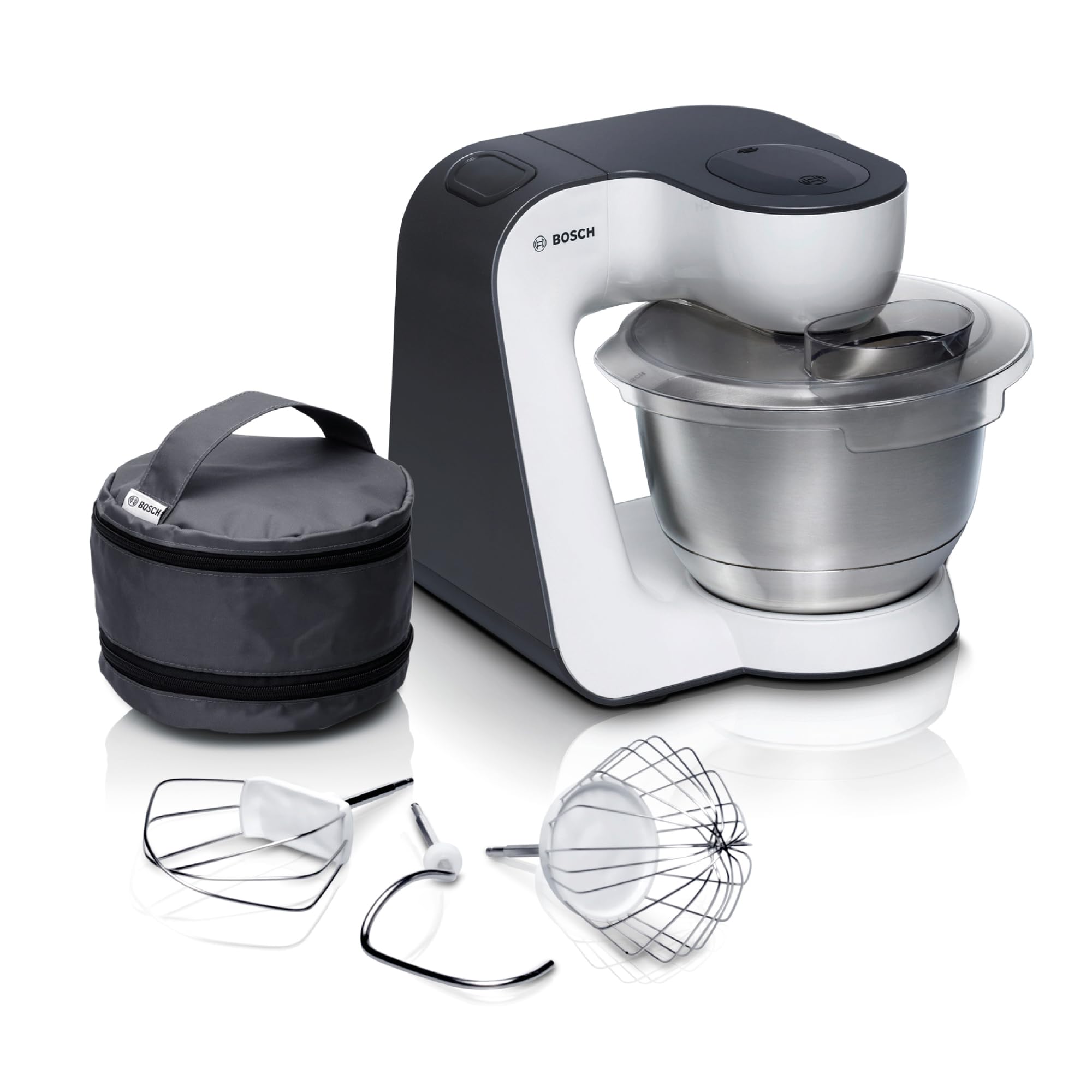 غذا ساز همه کاره سری 4 بوش آلمان Bosch MUM54A00، کاسه استیل 3.9 لیتری، میکسر سیاره ای، قلاب خمیر، همزن، میکسر، 900 وات، سفید/مشکی