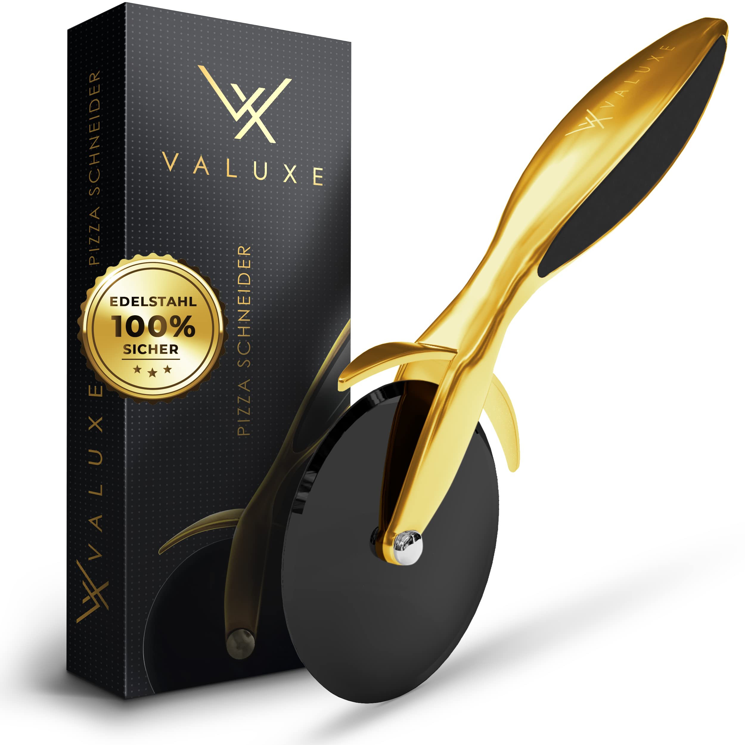 کاتر پیتزا VALUXE® ساخته شده از استیل ضد زنگ [طلایی اصلی] - غلتک پیتزا تیز و قابل شستشو در ماشین ظرفشویی - غلتک پیتزا حرفه ای با دسته ضد لغزش، چرخ چاقوی پیتزا براق طلایی
