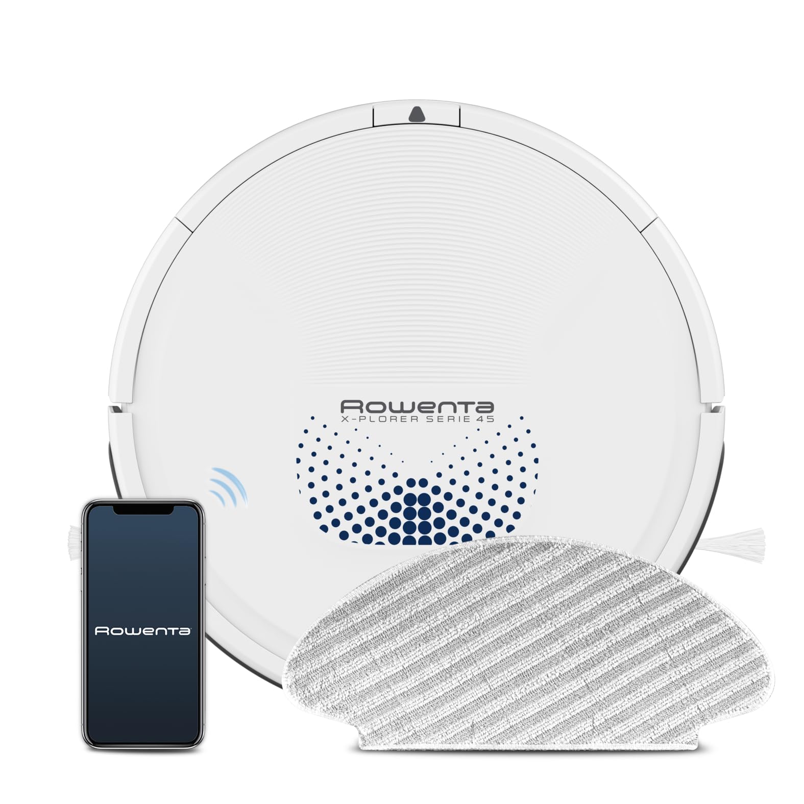 جاروبرقی رباتی Rowenta X-Plorer Series 45 AQUA، سیستم ناوبری، جاروبرقی و تی کشیدن، کنترل اپلیکیشن، ۱۵۰ دقیقه کارکرد، برای فضای زندگی ۹۰ متر مربعی، جاروبرقی رباتی با عملکرد تی کشیدن، سفید، RR8277 ناوبری تصادفی