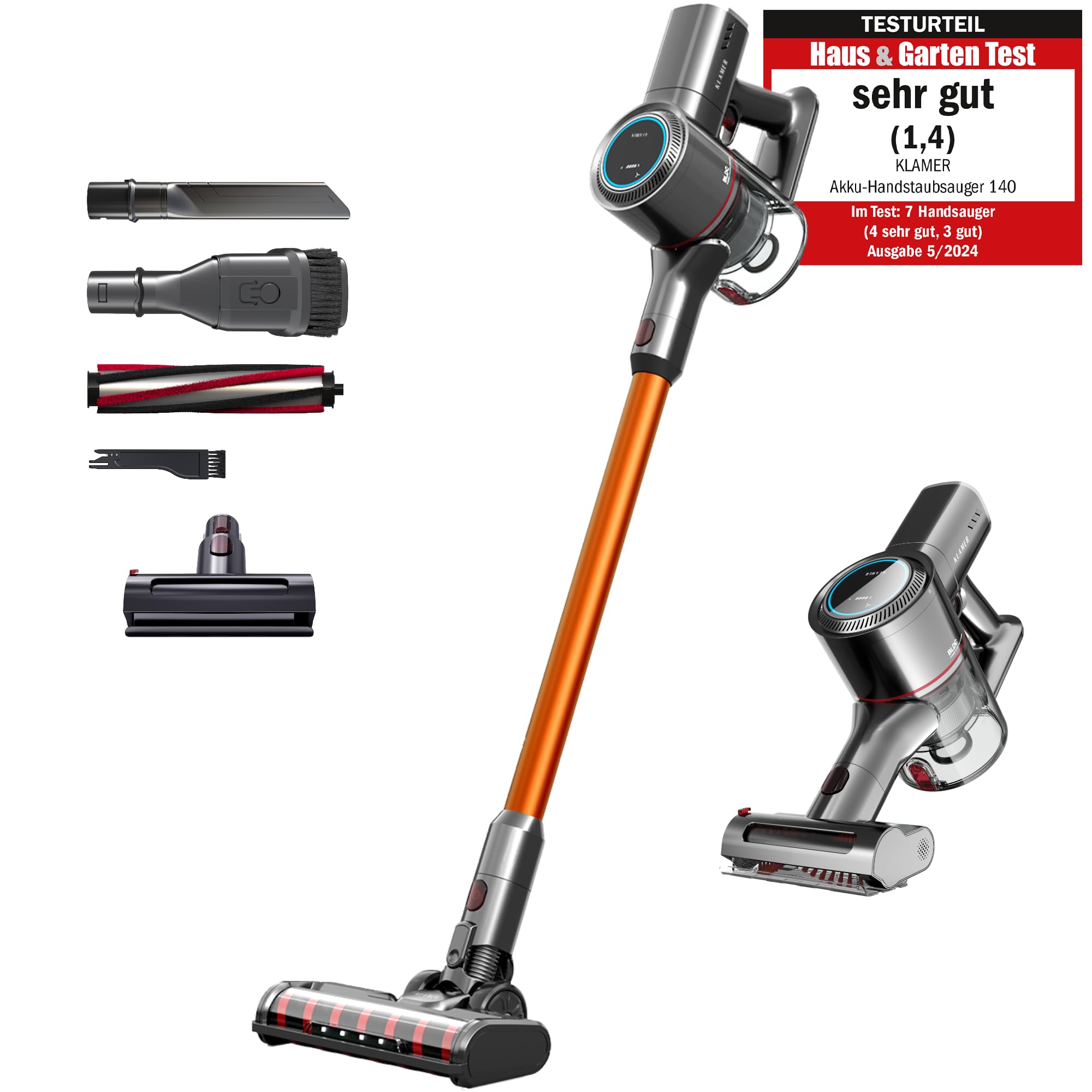 جارو شارژی کلامر آلمان KLAMER، جارو شارژی و دستی 2 در 1، عمر باتری تا 45 دقیقه، جارو شارژی با فیلتر HEPA برای فرش، ماشین و کف های سخت