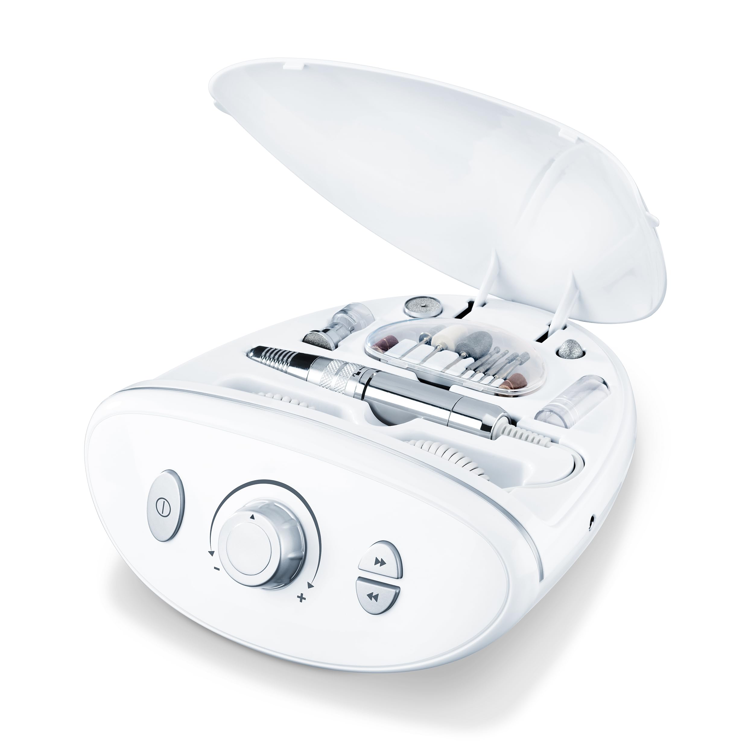 ایستگاه حرفه ای مانیکور و پدیکور برقی Beurer MP 100، 10 قطعه یاقوت کبود و نمدی، درپوش محافظ گرد و غبار ناخن، تا 20000 دور در دقیقه، مجموعه 41 قطعه ای ایستگاه حرفه ای برقی