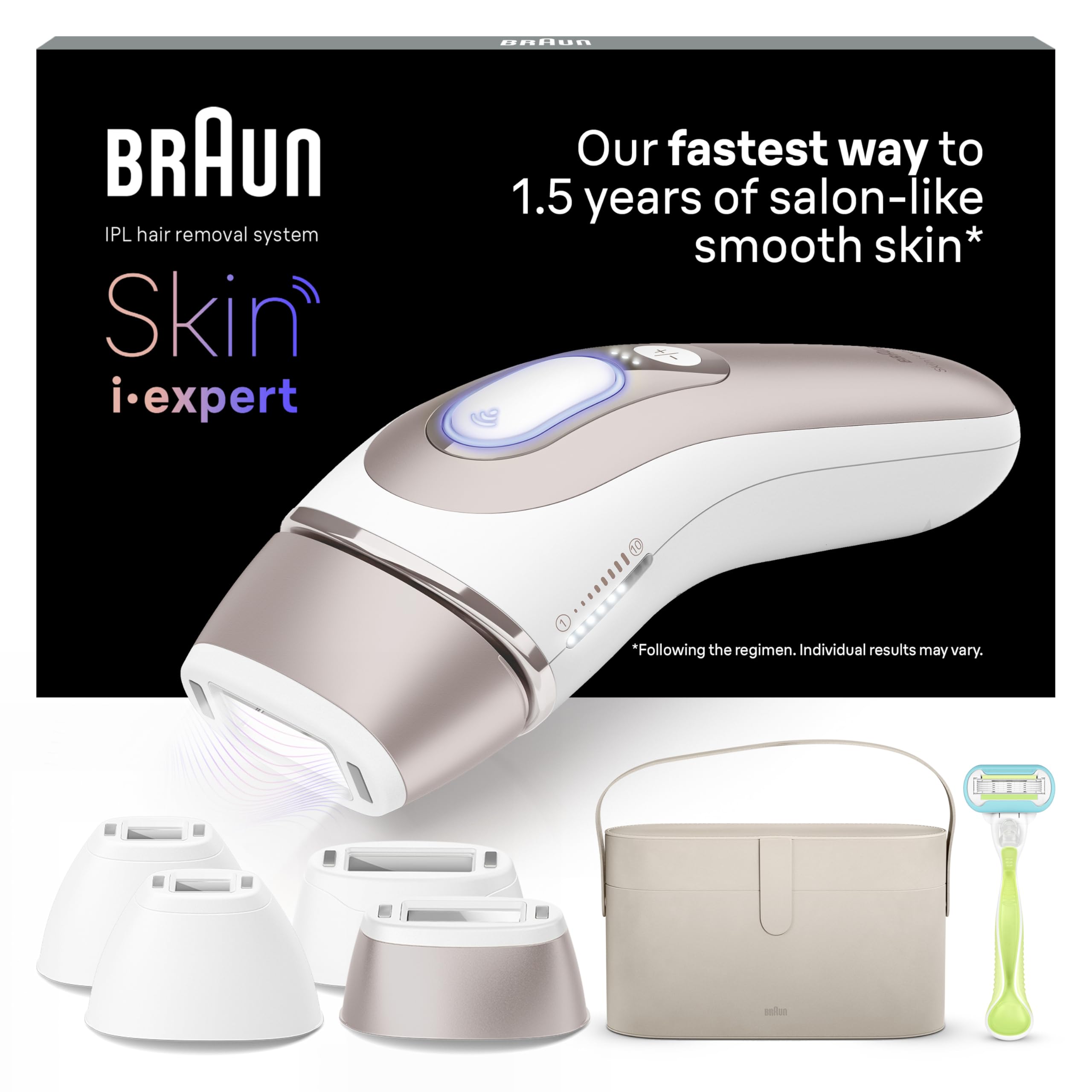 دستگاه IPL 7 Skin Braun Smart i·expert، اپلیکیشن رایگان، دستگاه رفع موهای زائد برای خانم‌ها، رفع موهای زائد قابل مشاهده، طراحی شده در آلمان، 4 ضمیمه، تیغ ونوس، جایگزین لیزر موهای زائد، PL7387