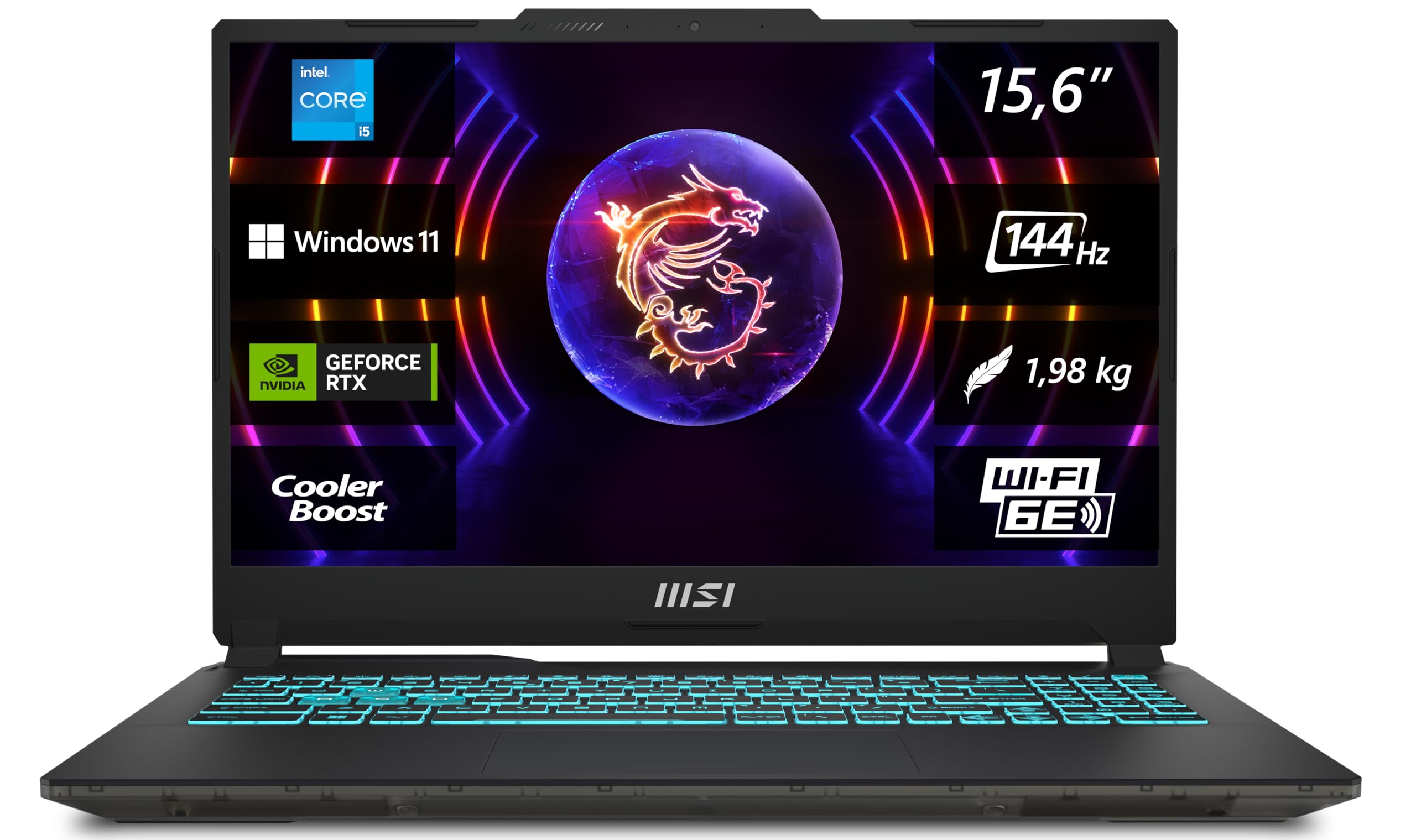 لپ‌تاپ گیمینگ MSI Cyborg 15، صفحه نمایش ۱۵.۶ اینچی Full HD با نرخ نوسازی ۱۴۴ هرتز، پردازنده Intel Core i5-13420H، کارت گرافیک NVIDIA GeForce RTX 4050، رم ۱۶ گیگابایتی DDR5، حافظه ۵۱۲ گیگابایتی SSD، ویندوز ۱۱ هوم، نمایشگر QWERTZ Tastatur، A13VE-863، پردازنده گرافیکی Schwarz/transparent Intel Core i5-13420H RTX4050 با ظرفیت ۶ گیگابایت