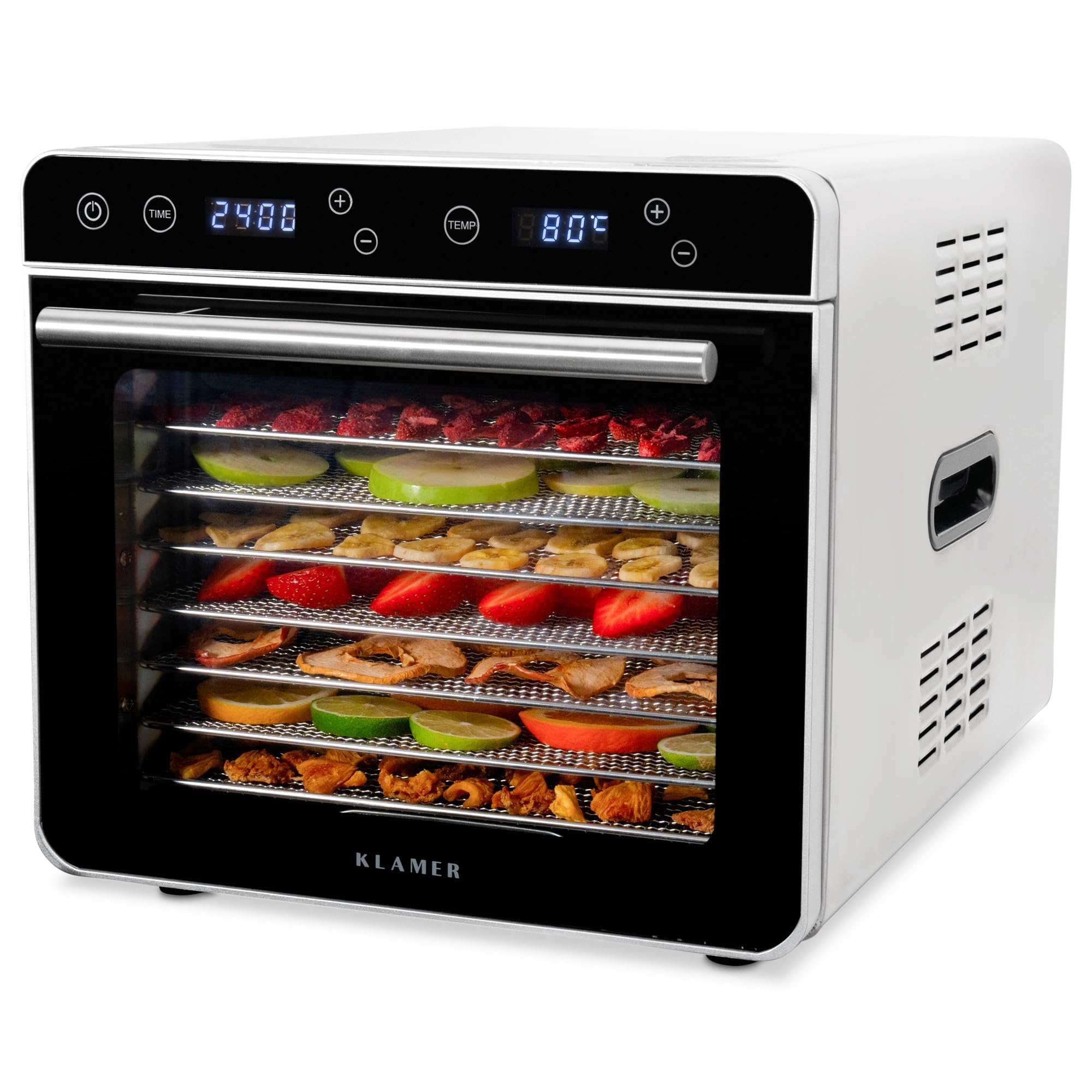 خشک کن میوه کلامر آلمان KLAMER Premium Dehydrator XL 700W، تایمر 24 ساعته و کنترل دمای 35-80 درجه سانتیگراد، 8 سینی بسیار بزرگ استیل ضد زنگ، خشک کن ساخته شده از بدنه فولادی ضد زنگ