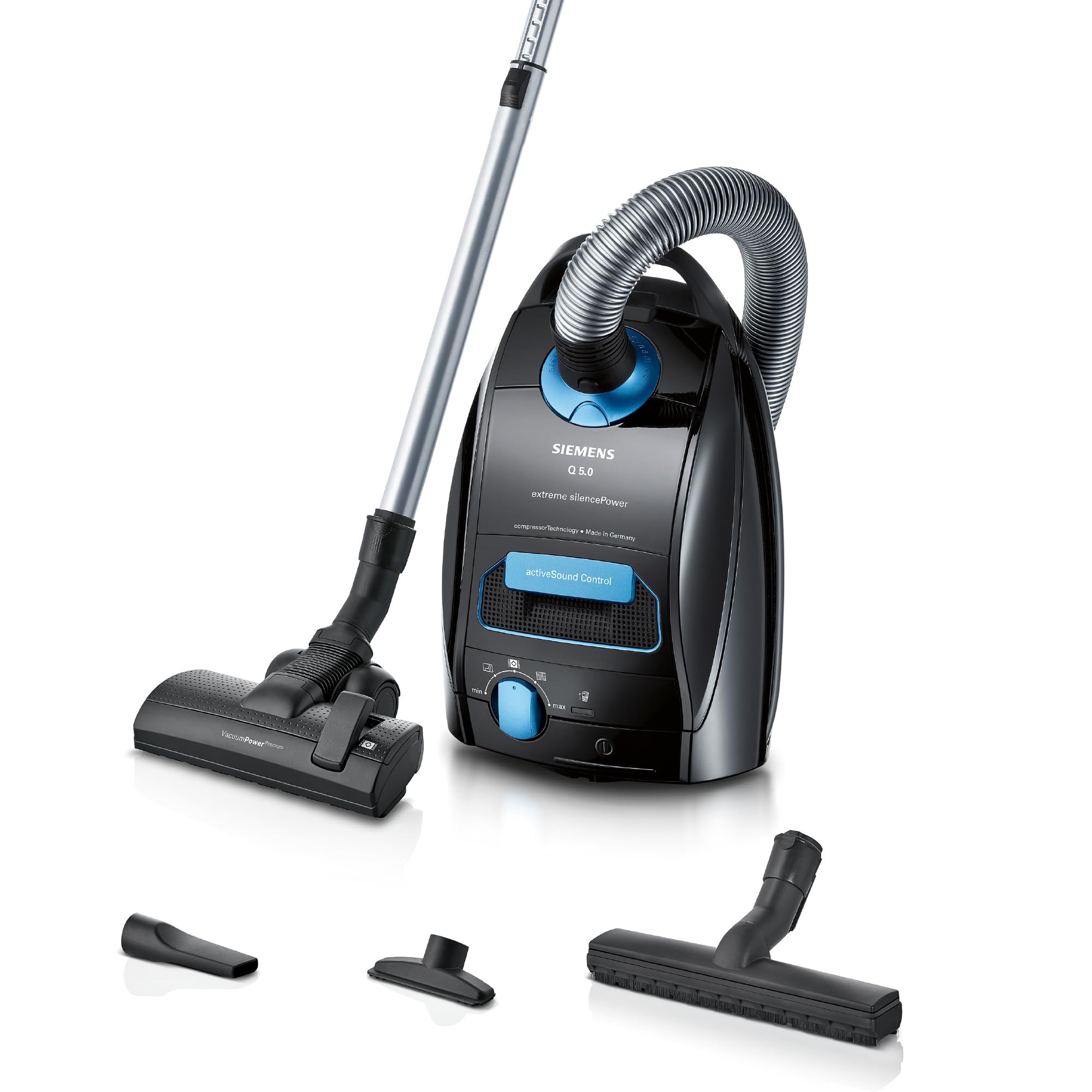 جاروبرقی زیمنس با کیسه Q5.0، قدرت فوق‌العاده بی‌صدا، VSQ5X1232، مناسب برای افراد مبتلا به آلرژی، فیلتر بهداشتی، قدرت مکش قوی روی پارکت، فرش و کاشی، کابل بلند، ساخت آلمان، 850 وات، مشکی، نازل کف سخت مشکی