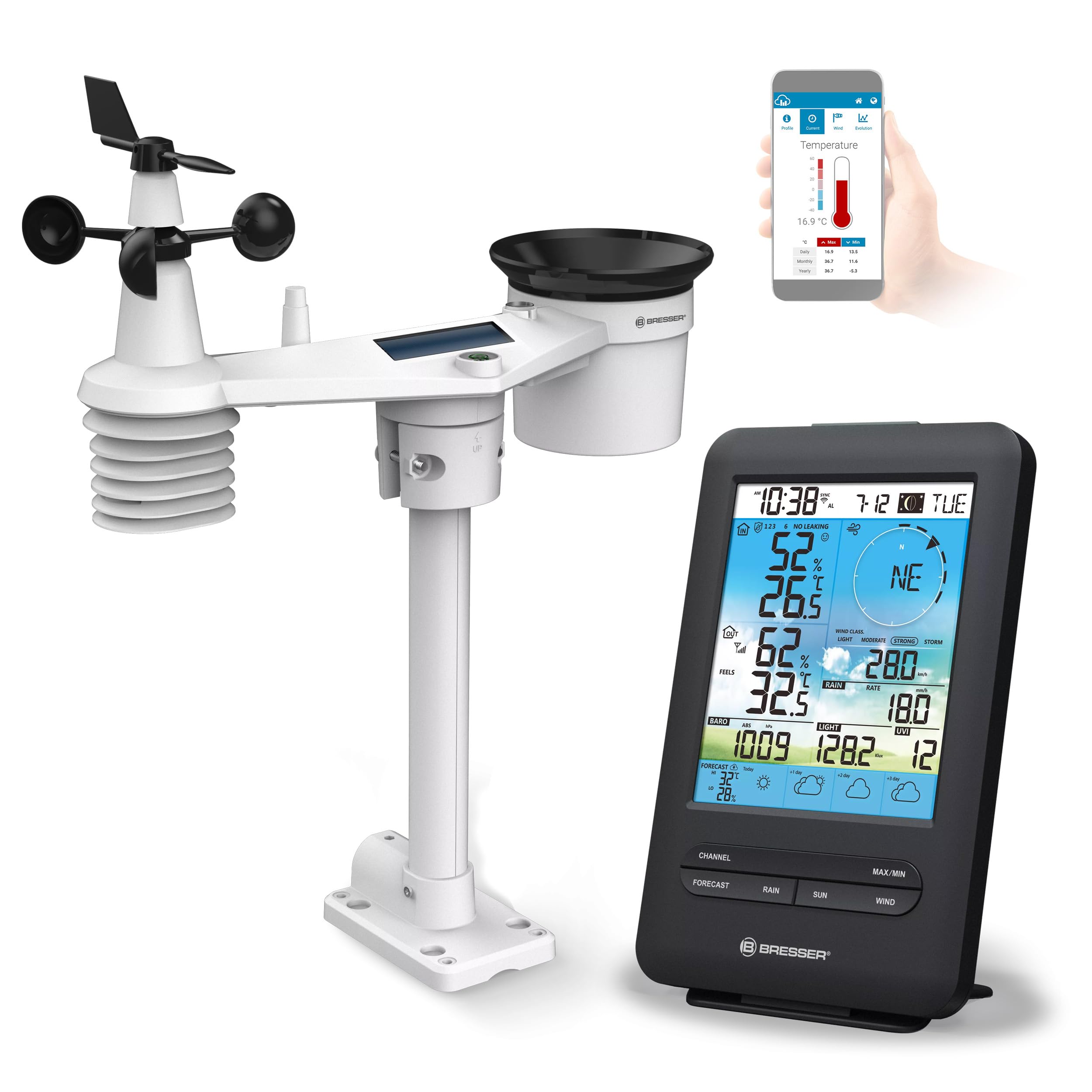 ایستگاه هواشناسی بی‌سیم Bresser با سنسور فضای باز، 7 کاره، وای‌فای 4CAST، شامل پیش‌بینی آب و هوای 4 روزه، بادسنج و باران‌سنج، همچنین سطح اشعه ماوراء بنفش و شدت نور، تک رنگ مشکی