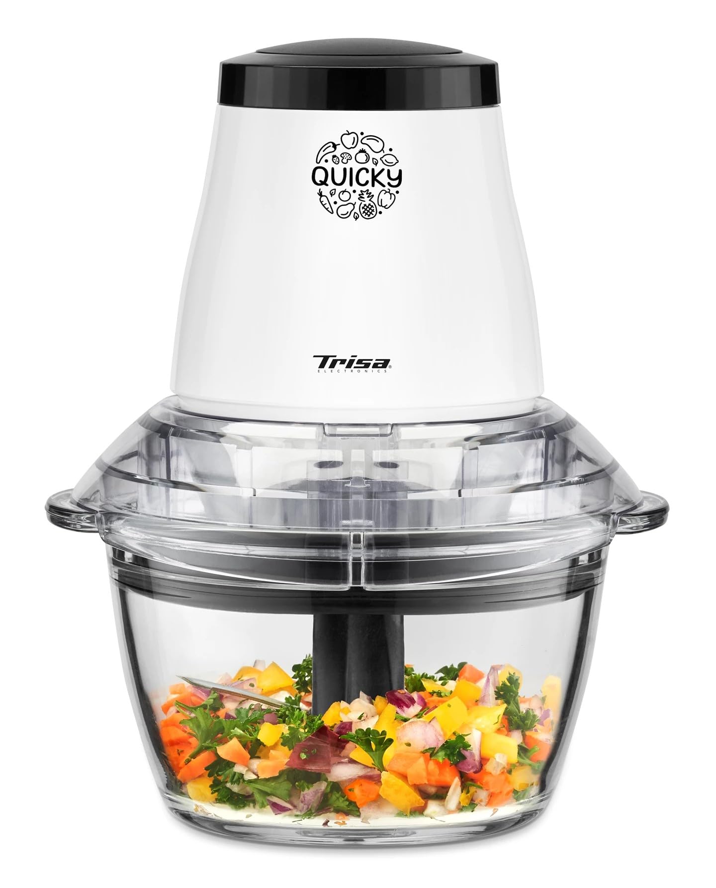 خردکن برقی آشپزخانه تریزا سوئیس Trisa Quicky – غذاساز ۵۵۰ واتی با ظرف شیشه‌ای ۱ لیتری، تیغه‌های استیل ضد زنگ، پایه ضد لغزش، ایده‌آل برای خردکن سبزیجات و خردکن پیاز