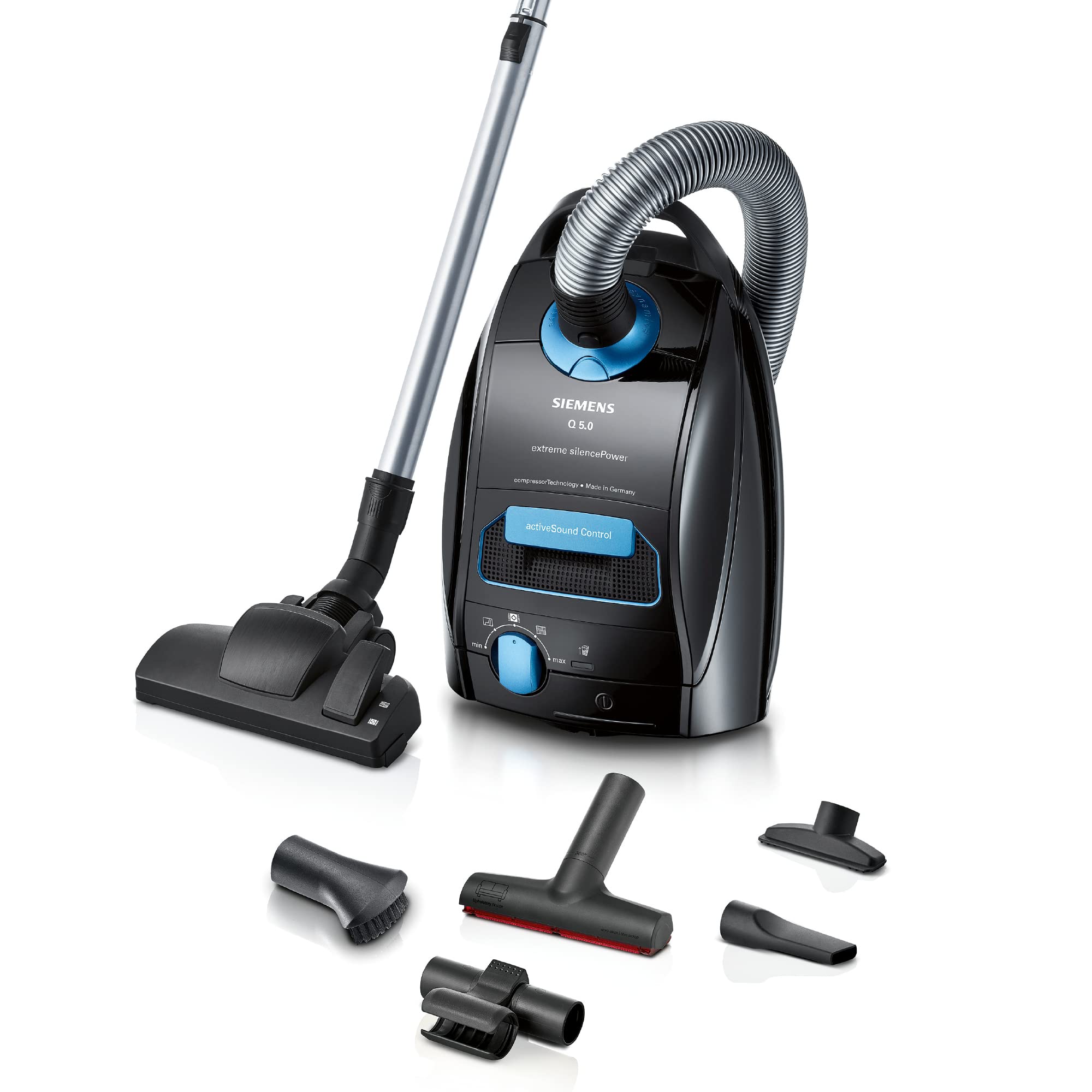 جاروبرقی SIEMENS با کیسه Q5.0، قدرت فوق‌العاده بی‌صدا VSQ5X500، جاروبرقی مخزن‌دار، ایده‌آل برای افراد مبتلا به آلرژی، فیلتر بهداشتی، قدرت مکش قوی، نازل روکش XXL، کابل بلند، 650 وات، مشکی