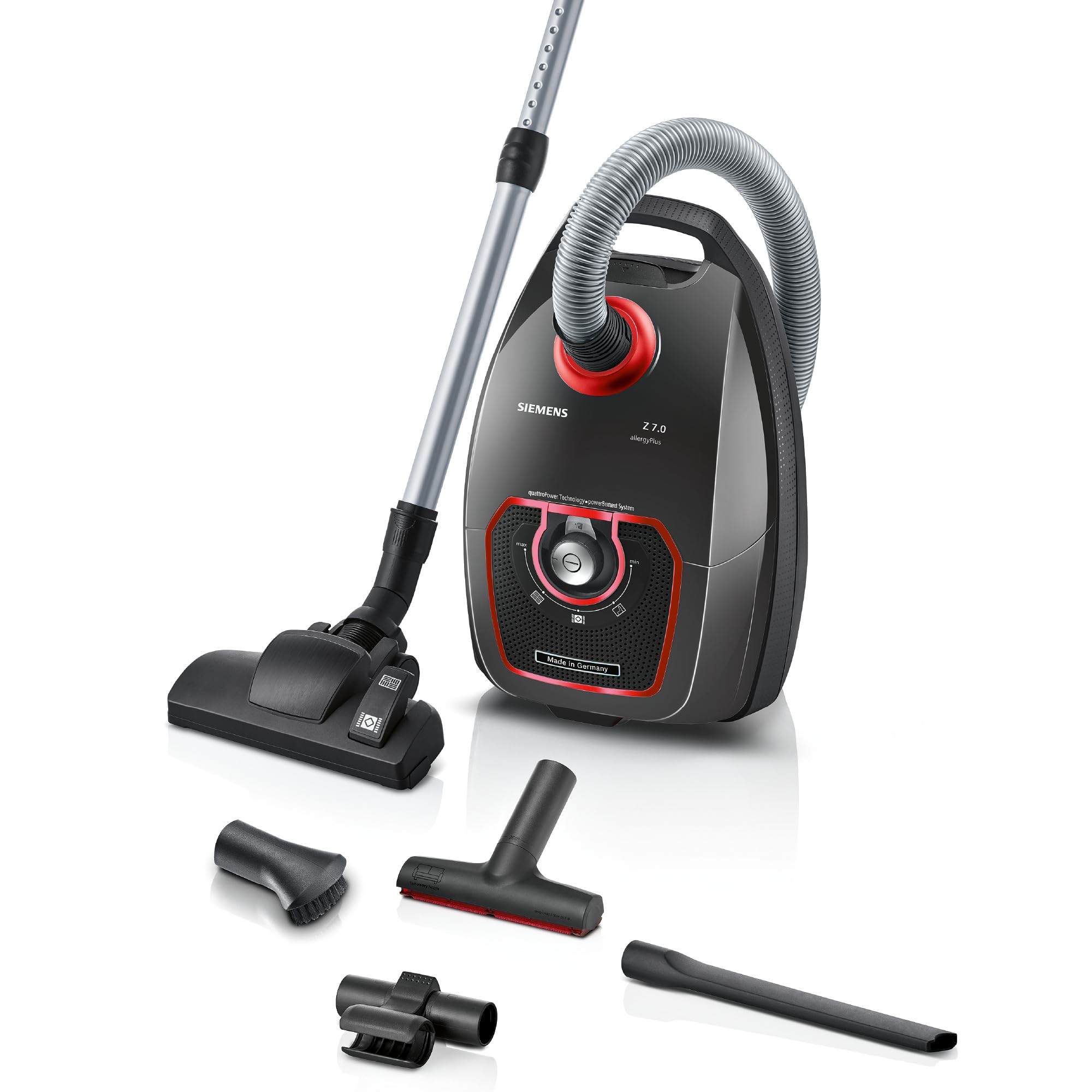 جاروبرقی SIEMENS با کیسه Z7.0 VSZ7XTRM، ایده‌آل برای افراد مبتلا به آلرژی، فیلتر بهداشتی، بی‌صدا، مناسب برای پارکت، فرش، کاشی، نازل روکش XXL، نازل درز XXL، کابل بلند، ساخت آلمان، 750 وات، خاکستری، خاکستری 70 دسی‌بل(A)، شعاع عملکرد 15 متر