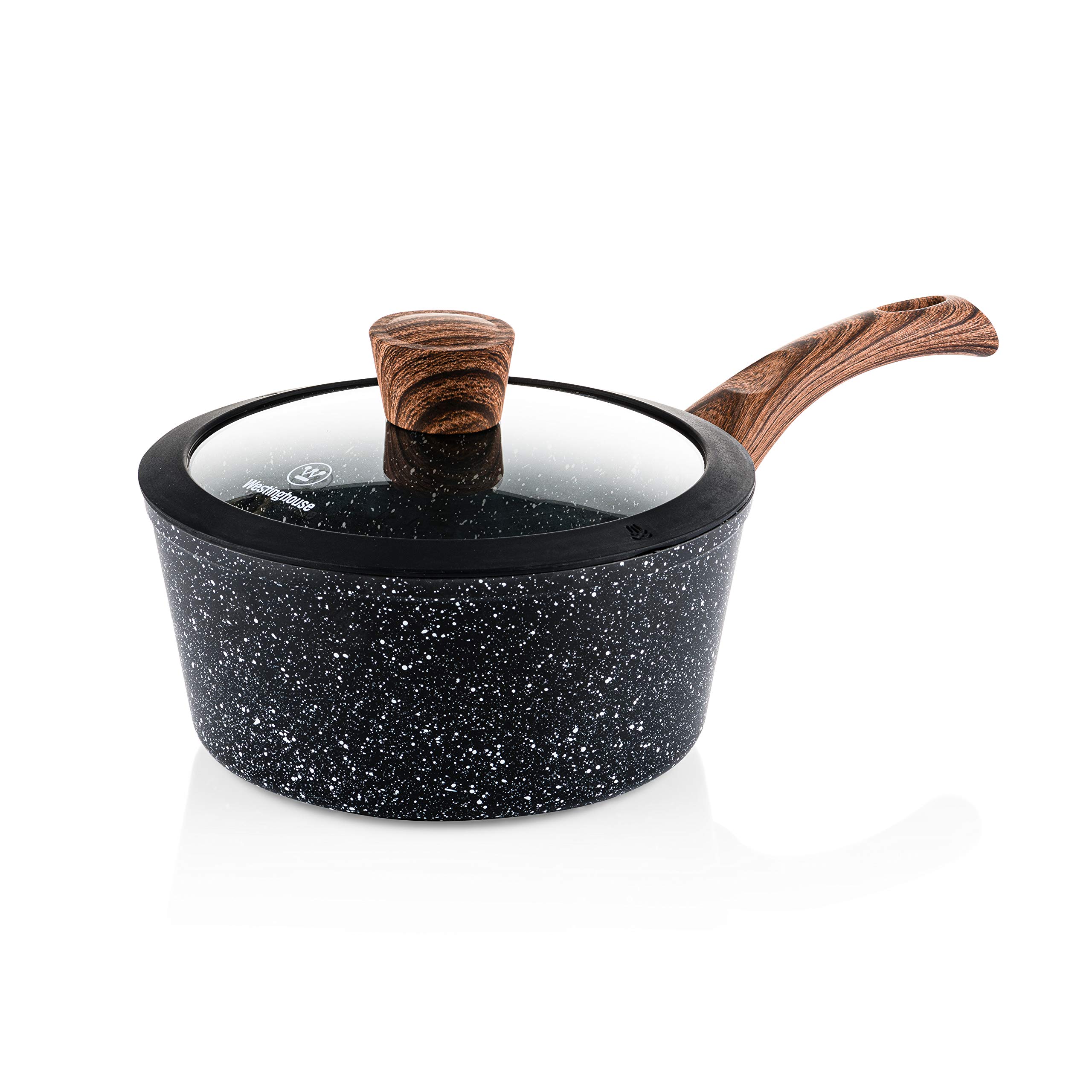 قابلمه وستینگهاوس 20 سانتی متری با درب شیشه ای، روکش نچسب 3 لایه مرمری، ساخته شده از آلومینیوم فورج، دسته پرچ شده با روکش سیلیکونی در ظاهر چوب، قابل شستشو در ماشین ظرفشویی، مشکی